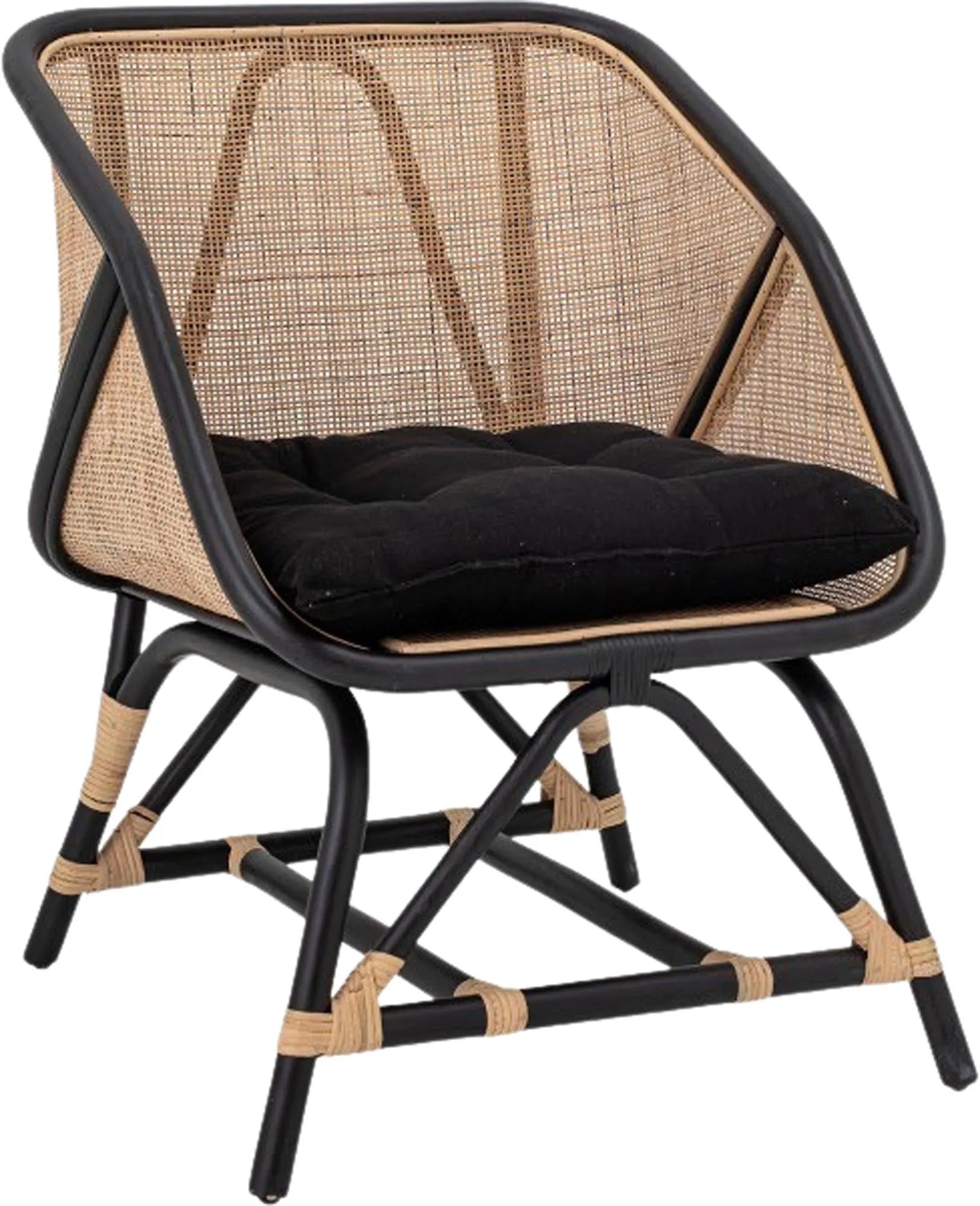 Eleganter Loungesessel aus schwarzem Rattan, ideal für stilvolle Entspannung in jedem Wohnbereich.