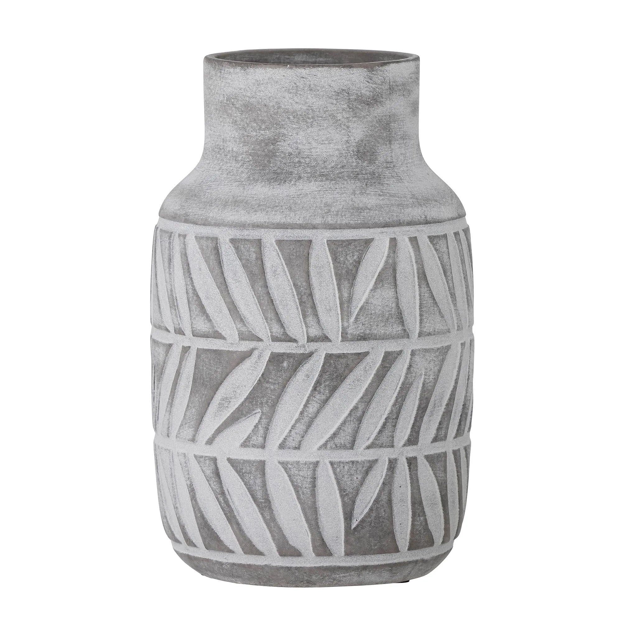 Elegante Saku Vase von Bloomingville: graue Keramik, nordisches Design, geprägte Textur, ideal für Blumen, skandinavisches Flair.