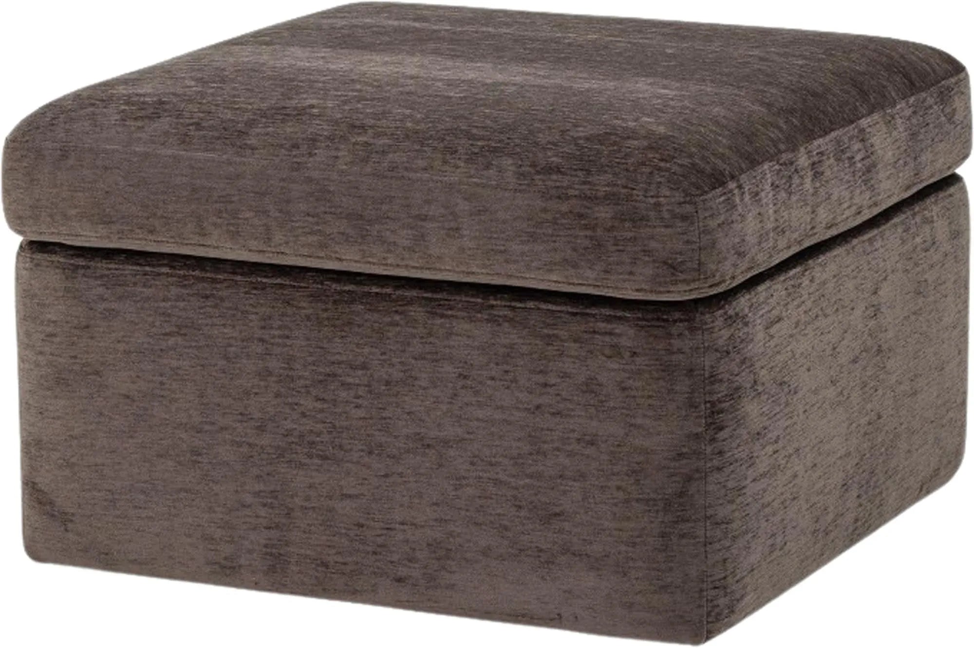 Ein eleganter, brauner Pouf aus Polyester-Samt, vielseitig als Sitz, Fußablage oder Tablett nutzbar, mit FSC®-zertifiziertem Holz.