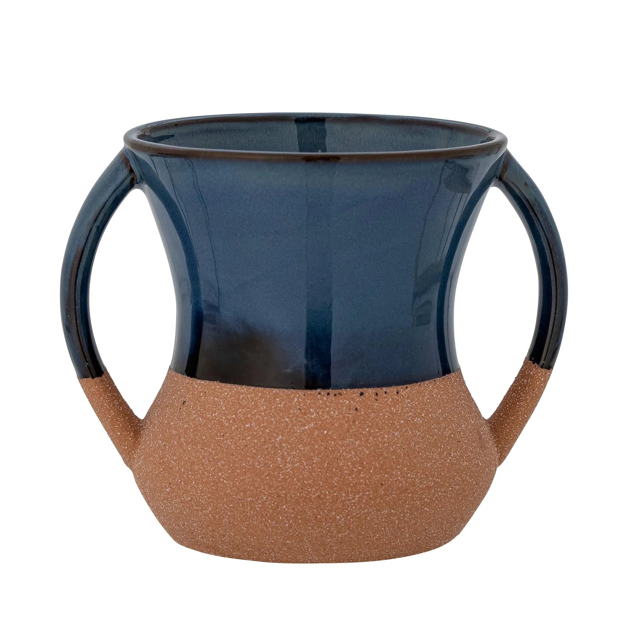 Devi Vase: Handgefertigtes Steingut in tiefem Blau, mit eleganten Henkeln. Perfekt für Blumen oder als stilvolles Dekor.