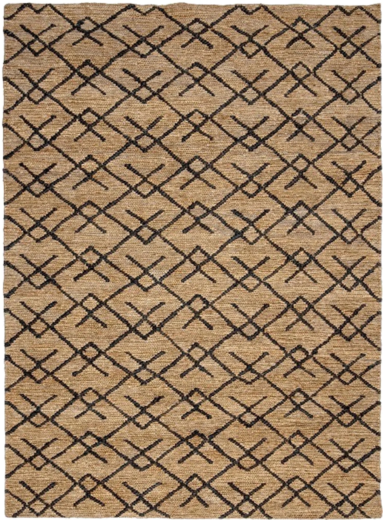 Gaya Teppich aus 100% Jute, mit schwarzem geometrischem Muster. Robust, umweltfreundlich, ideal für drinnen & draußen.