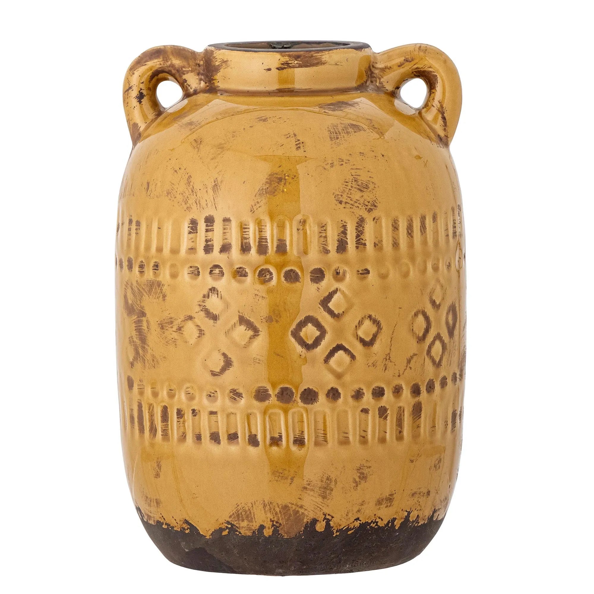 Die gelbe Rijad Deko-Vase aus Terrakotta von Bloomingville besticht durch ihre handgefertigte Glasur und nostalgisches Design.