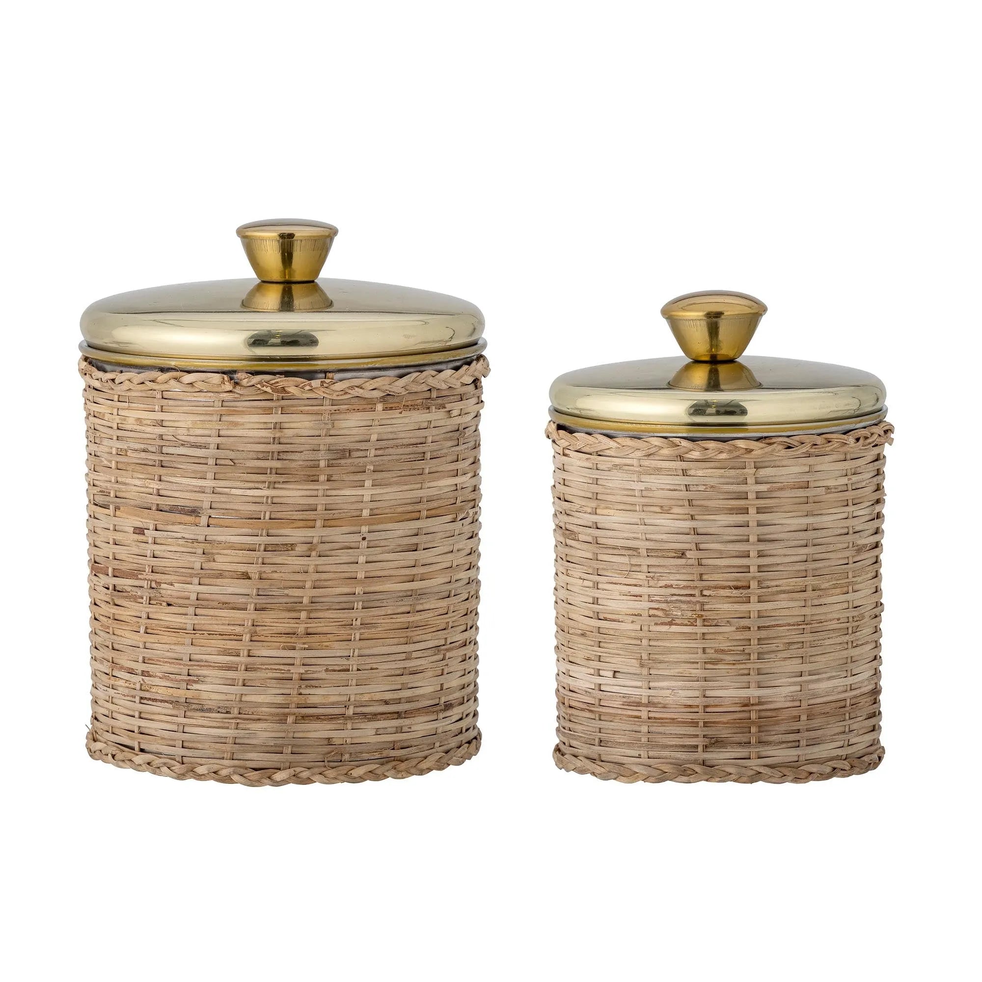 Elegante Abas Gefäße aus Rattan und Edelstahl mit Golddeckel, ideal für frische Aufbewahrung von Kaffee und Tee. Stilvoll und langlebig.