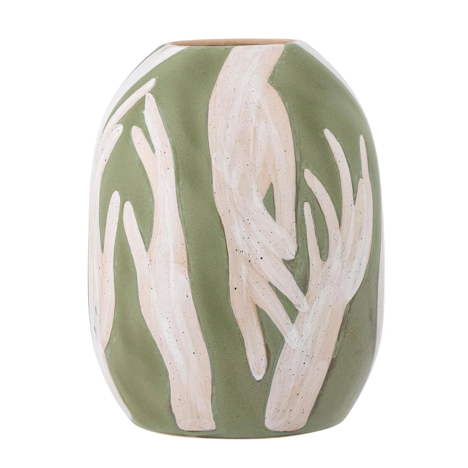 Die Adalena Deko-Vase von Bloomingville, aus grünem Steingut, vereint künstlerisches Design mit Funktionalität und skandinavischem Flair.