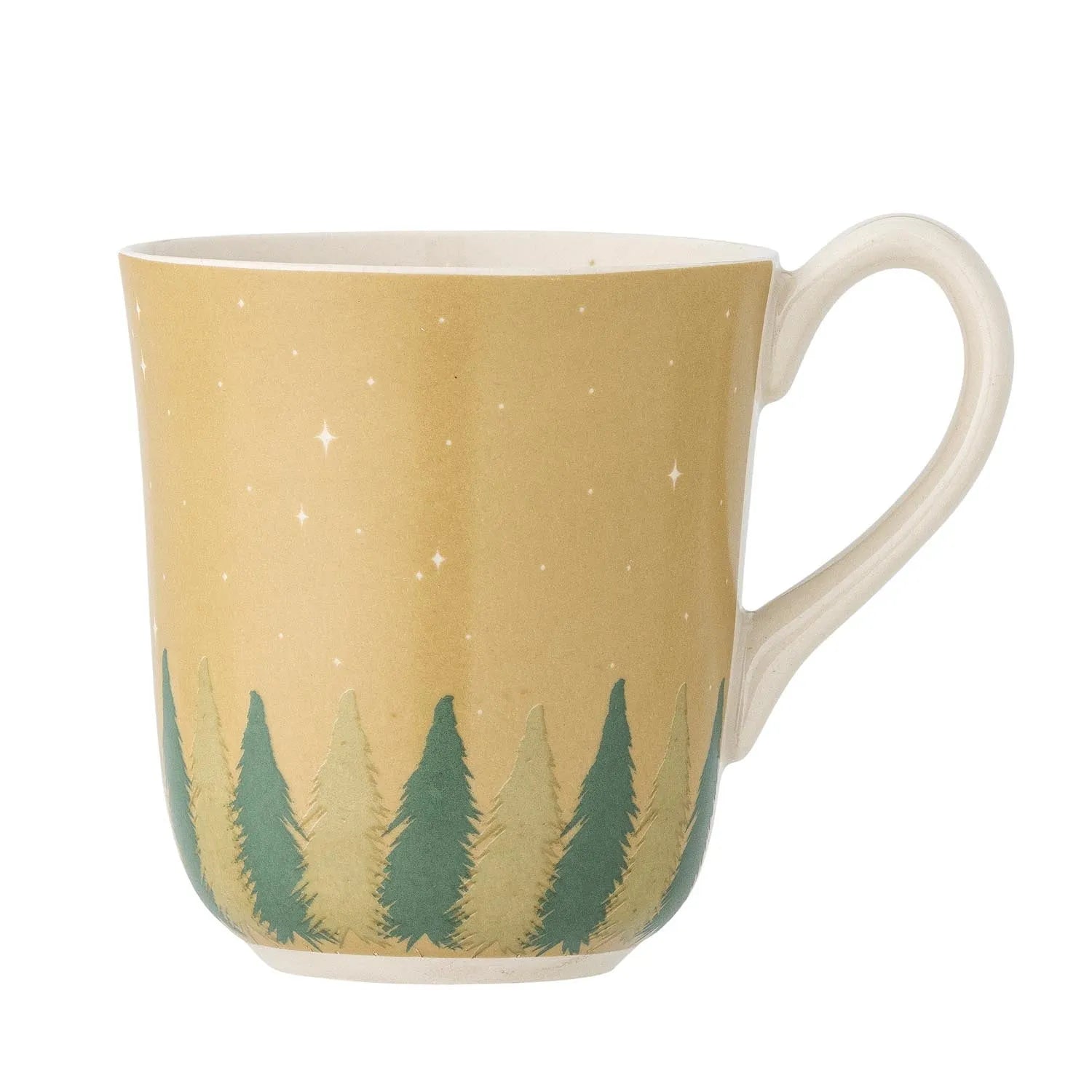 Eleganter Spruce Becher aus Steingut mit Tannenbaum- und Sternmotiv, ideal für stilvolle Tee- und Kaffeestunden.