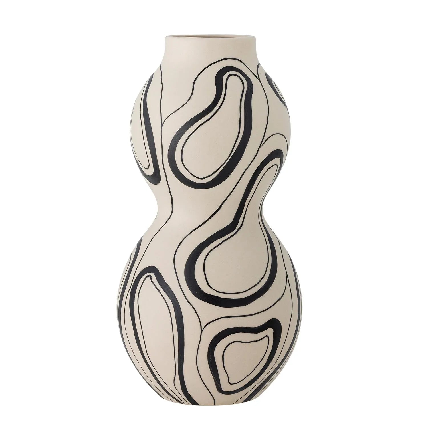 Die Nicola Vase von Bloomingville vereint skandinavische Eleganz und Funktionalität in schwarzem Steingut mit organischem Muster.