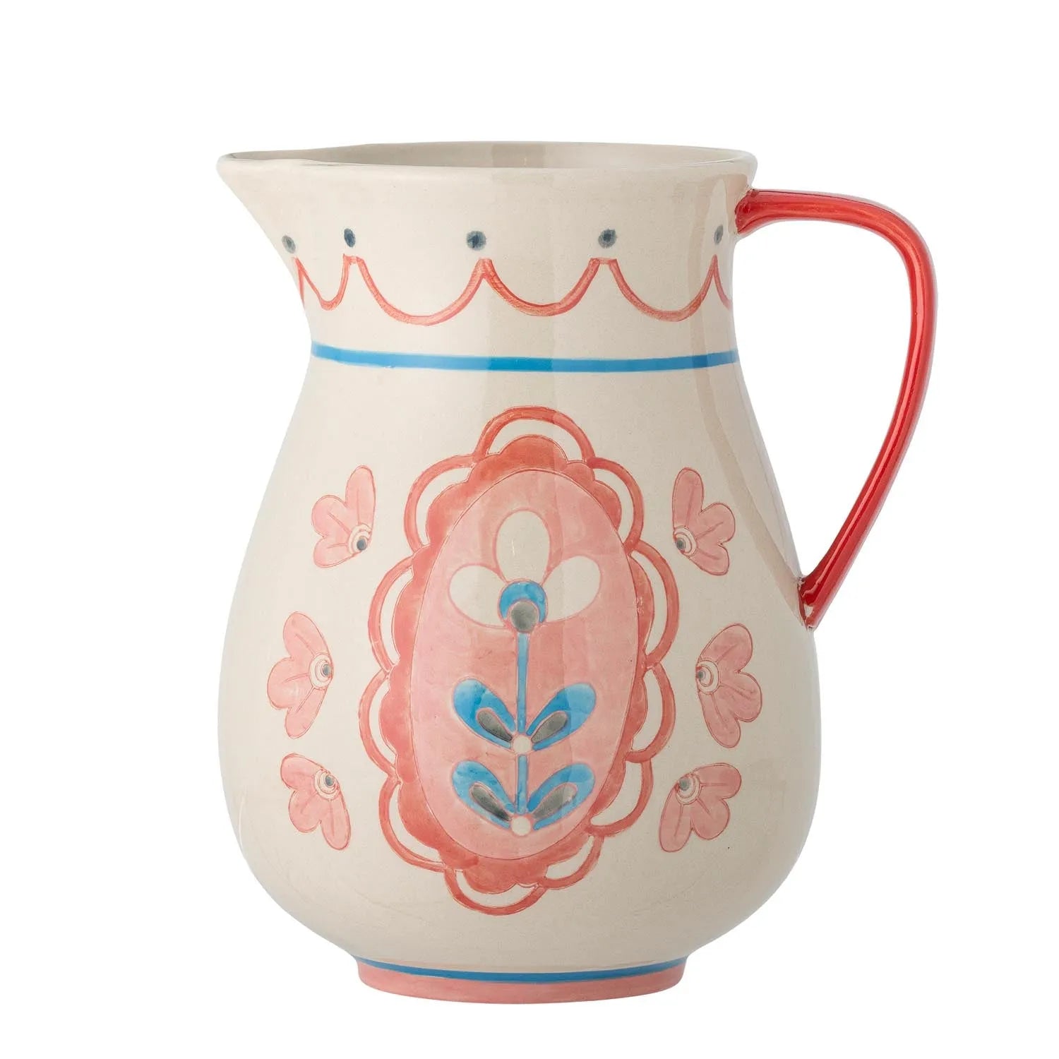 Der Odina Krug von Bloomingville: Ein eleganter Steingutkrug mit zartem Blumenmotiv und rosa Griff, ideal für stilvolles Servieren.