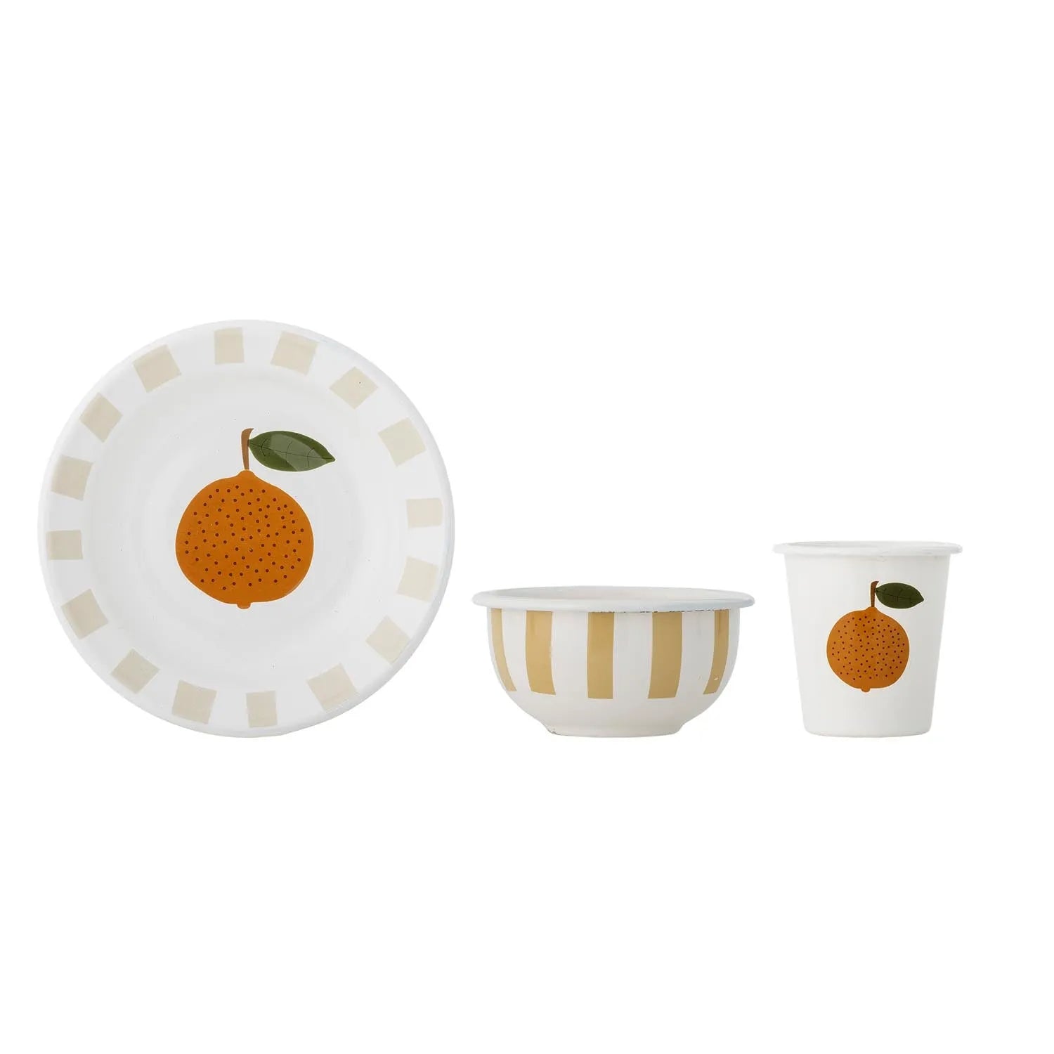 Das Agnes Geschirr-Set von Bloomingville Mini vereint robustes Eisen mit fröhlichem Orangen-Design, ideal für Alltag und Anlässe.