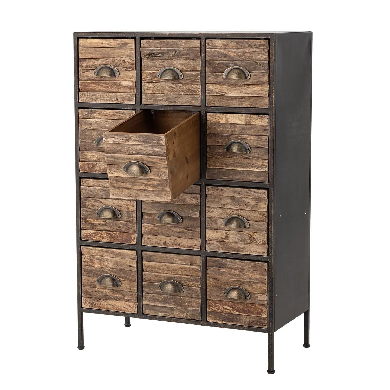 Der Matteo Drawer besticht durch industrielles Design, 12 stilvolle Schubladen und robuste Metallkonstruktion in Schwarz.