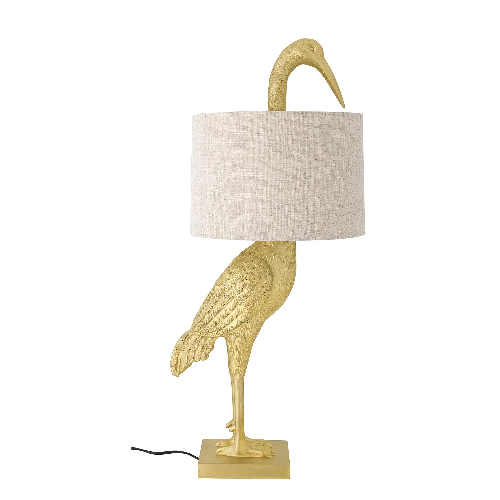 Elegante Heron Tischlampe in Gold, aus Polyresin, mit Leinen-Lampenschirm. Ein stilvolles Statement für jeden Raum.