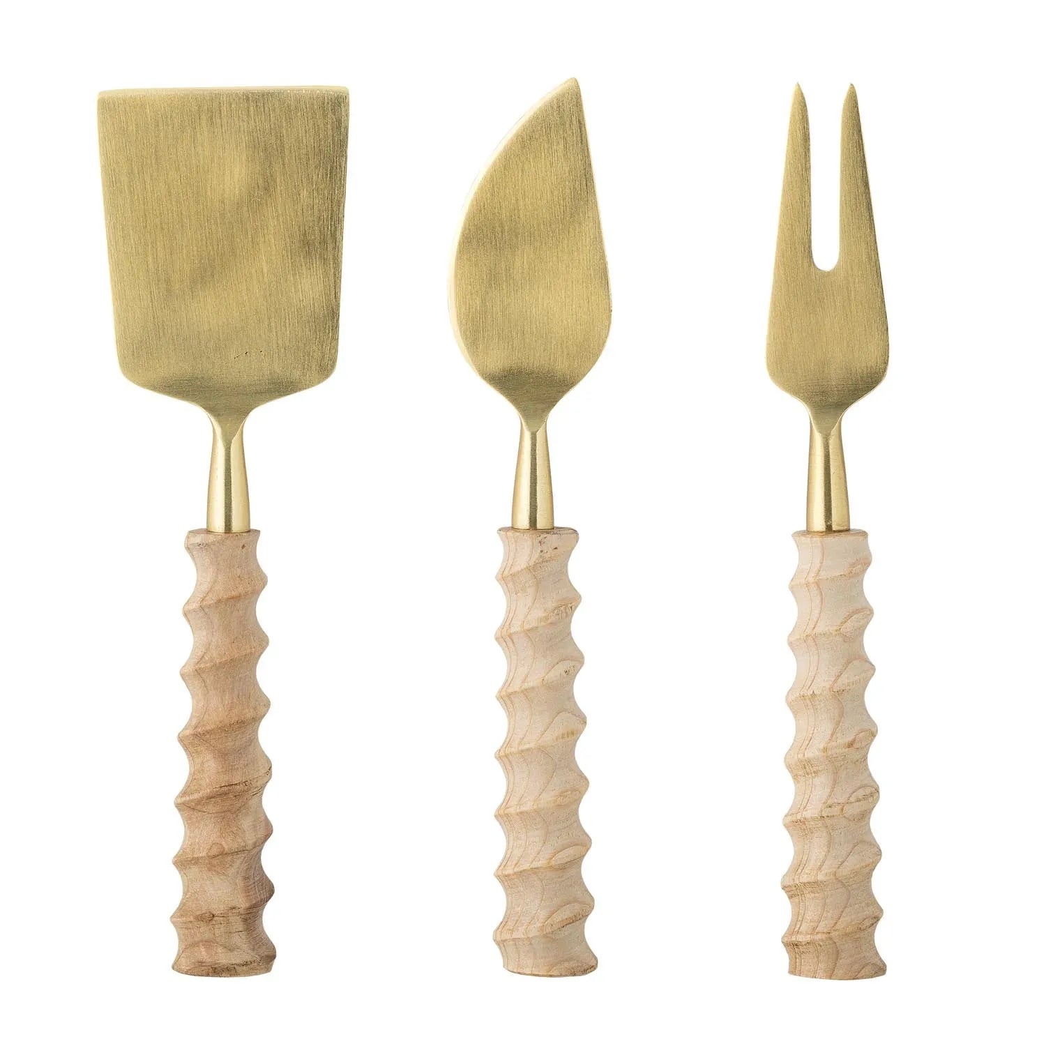 Elegantes Noci Käse-Utensilien-Set aus Edelstahl mit Goldfinish und Kiefernholzgriff – ideal für stilvolle Käsepräsentationen.