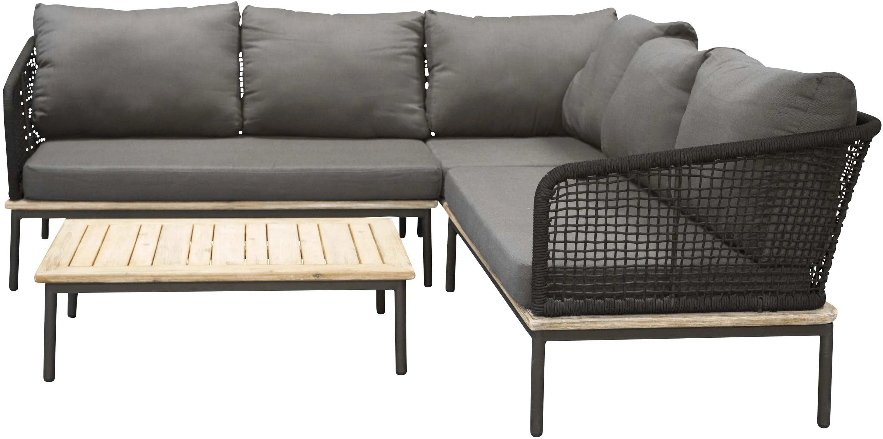 Elegantes Andorra Ecksofa von Venture Home: robustes Metall, Akazie, UV-beständiges Polyester, ideal für stilvolle Outdoor-Entspannung.