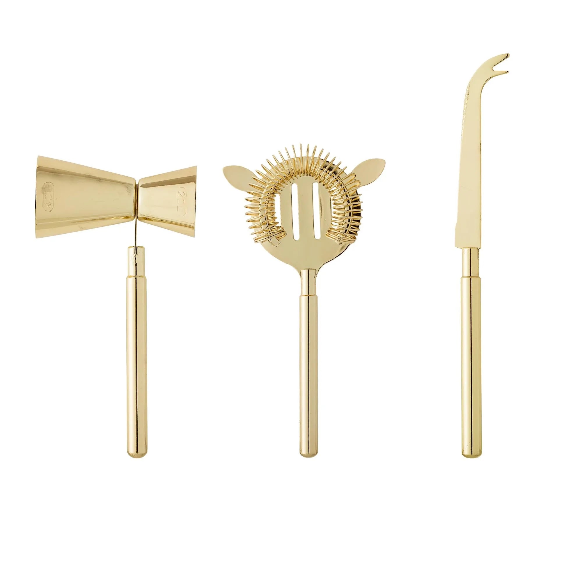 Elegantes Cocktail Bar-Set von Bloomingville in Gold und Edelstahl: Shaker, Messbecher, Rührlöffel, Sieb. Stilvoll und langlebig.