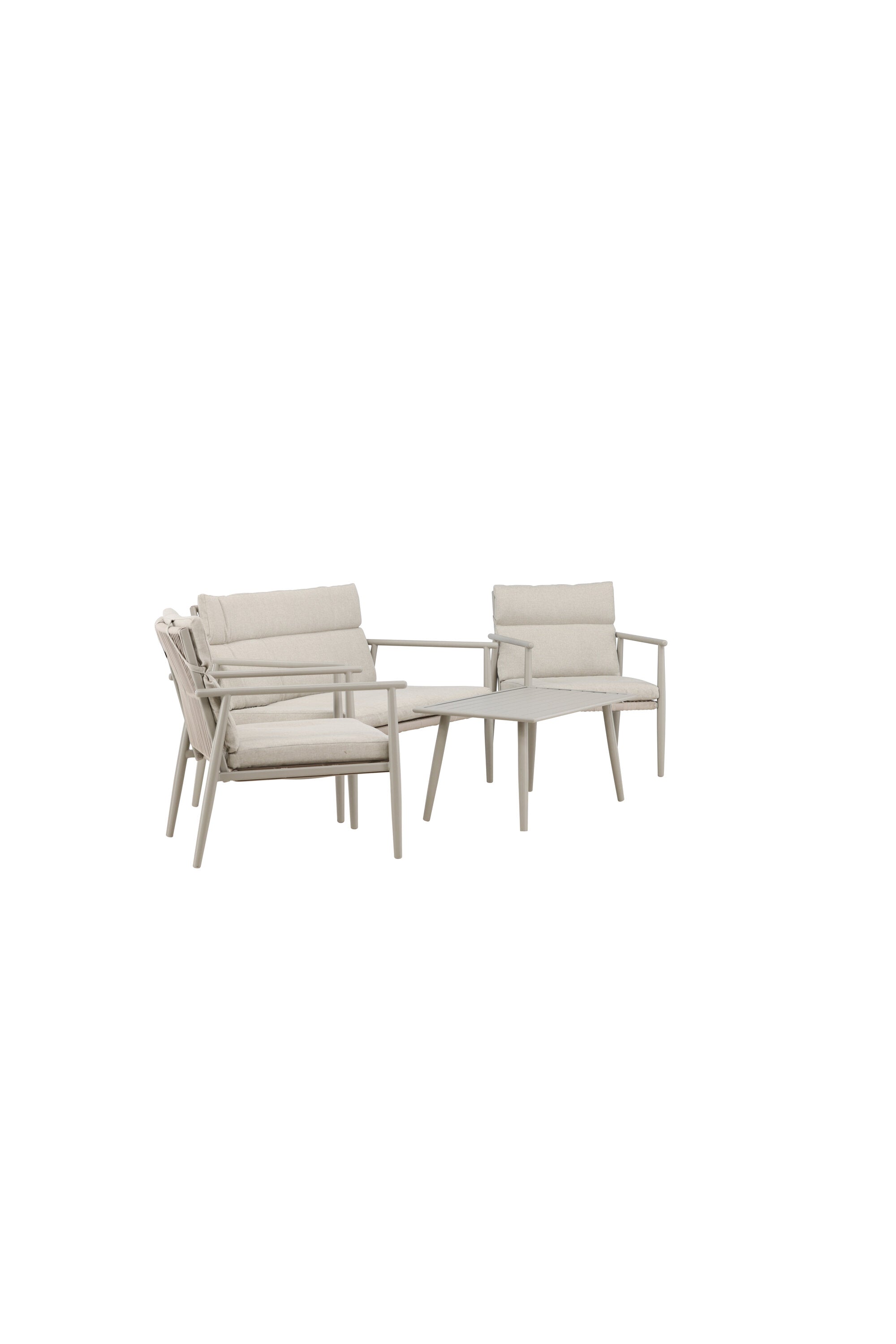 Elegantes Mazzaro Sofa Set: Grüner Stahlrahmen, bequeme beigen Kissen, ideal für stilvolle Outdoor-Entspannung.