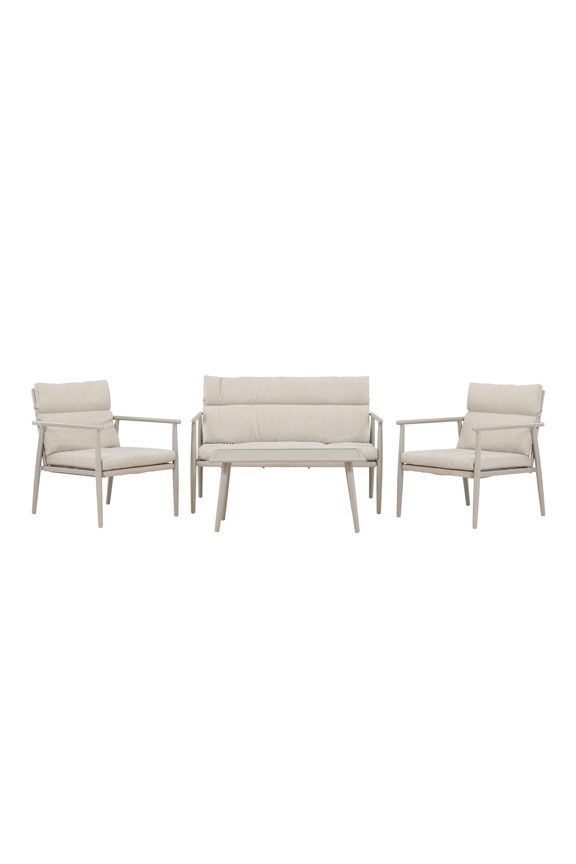 Elegantes Mazzaro Sofa Set: Grüner Stahlrahmen, bequeme beigen Kissen, ideal für stilvolle Outdoor-Entspannung.