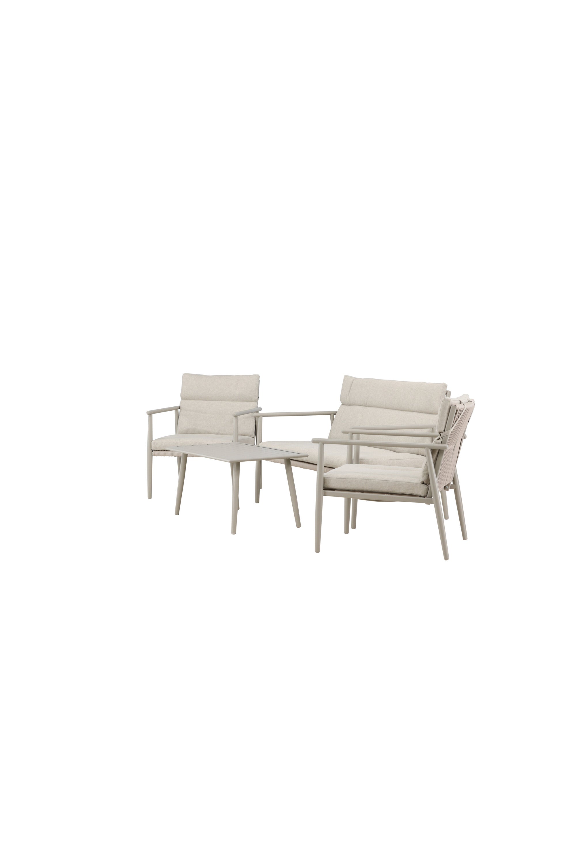 Elegantes Mazzaro Sofa Set: Grüner Stahlrahmen, bequeme beigen Kissen, ideal für stilvolle Outdoor-Entspannung.