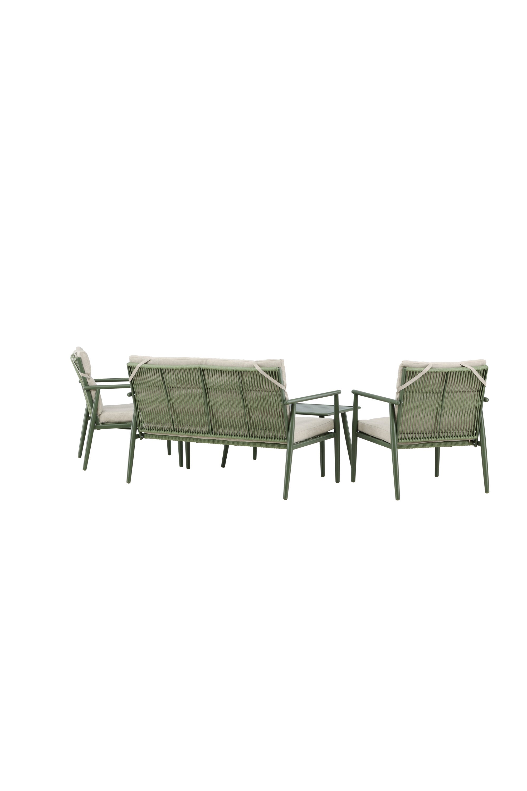 Elegantes Mazzaro Sofa Set: Grüner Stahlrahmen, bequeme beigen Kissen, ideal für stilvolle Outdoor-Entspannung.