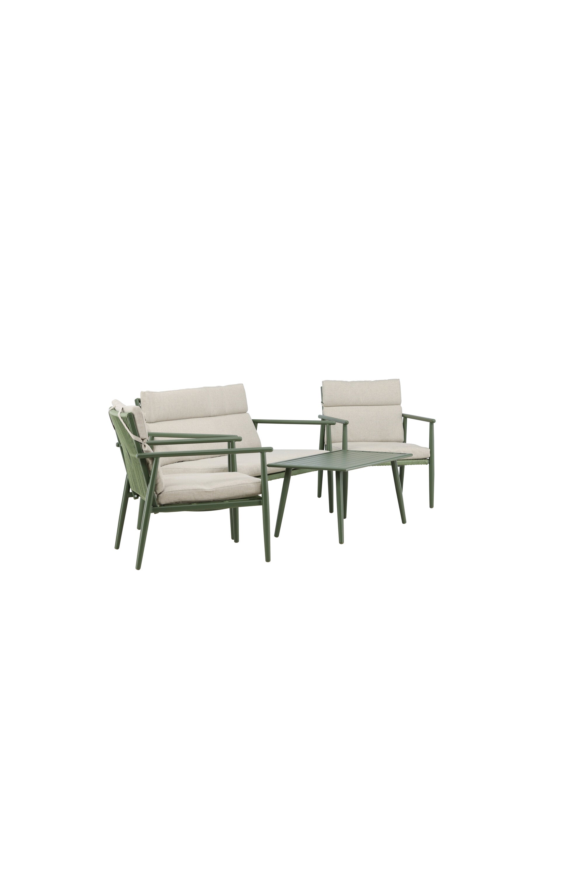 Elegantes Mazzaro Sofa Set: Grüner Stahlrahmen, bequeme beigen Kissen, ideal für stilvolle Outdoor-Entspannung.