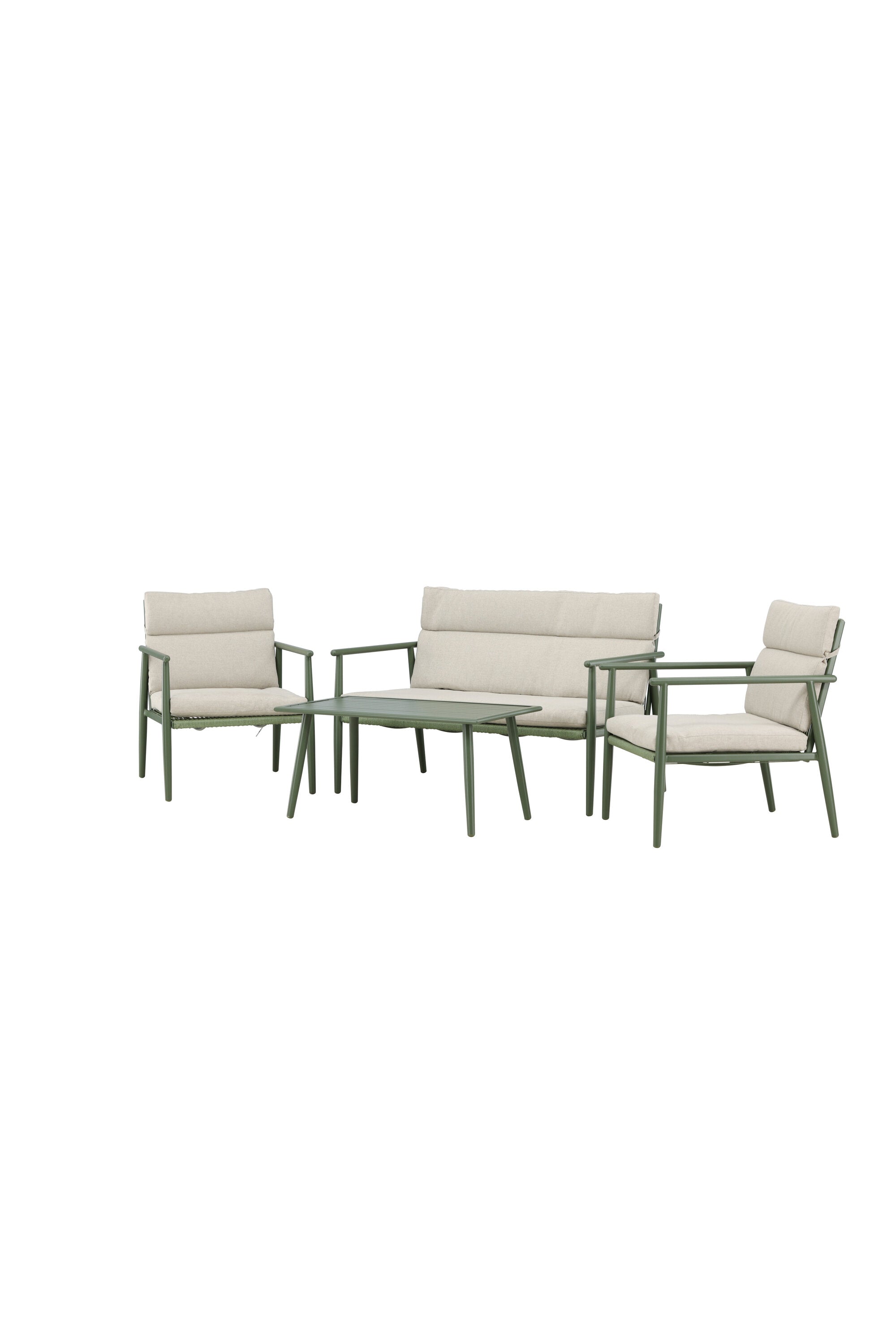 Elegantes Mazzaro Sofa Set: Grüner Stahlrahmen, bequeme beigen Kissen, ideal für stilvolle Outdoor-Entspannung.