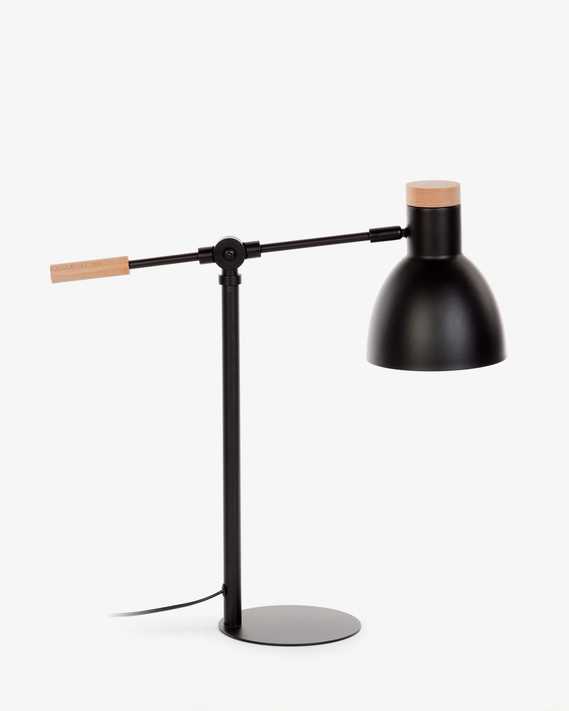 Elegante schwarze Tescarle Tischlampe aus Metall und Holz, flexibel und stilvoll, ideal für jeden Raum.