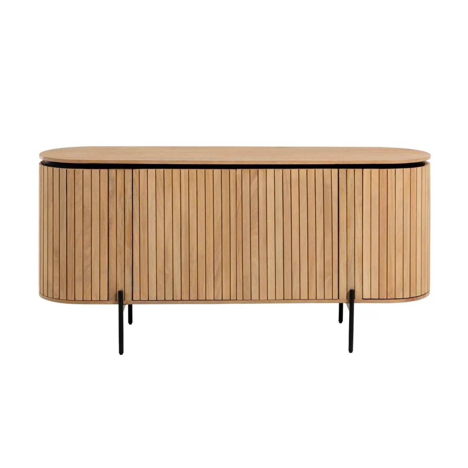 3D-Modell des Licia Sideboards: Mangoholz, schwarze Metallbeine, 4 Türen, modern, 170x80 cm, AR-fähig.