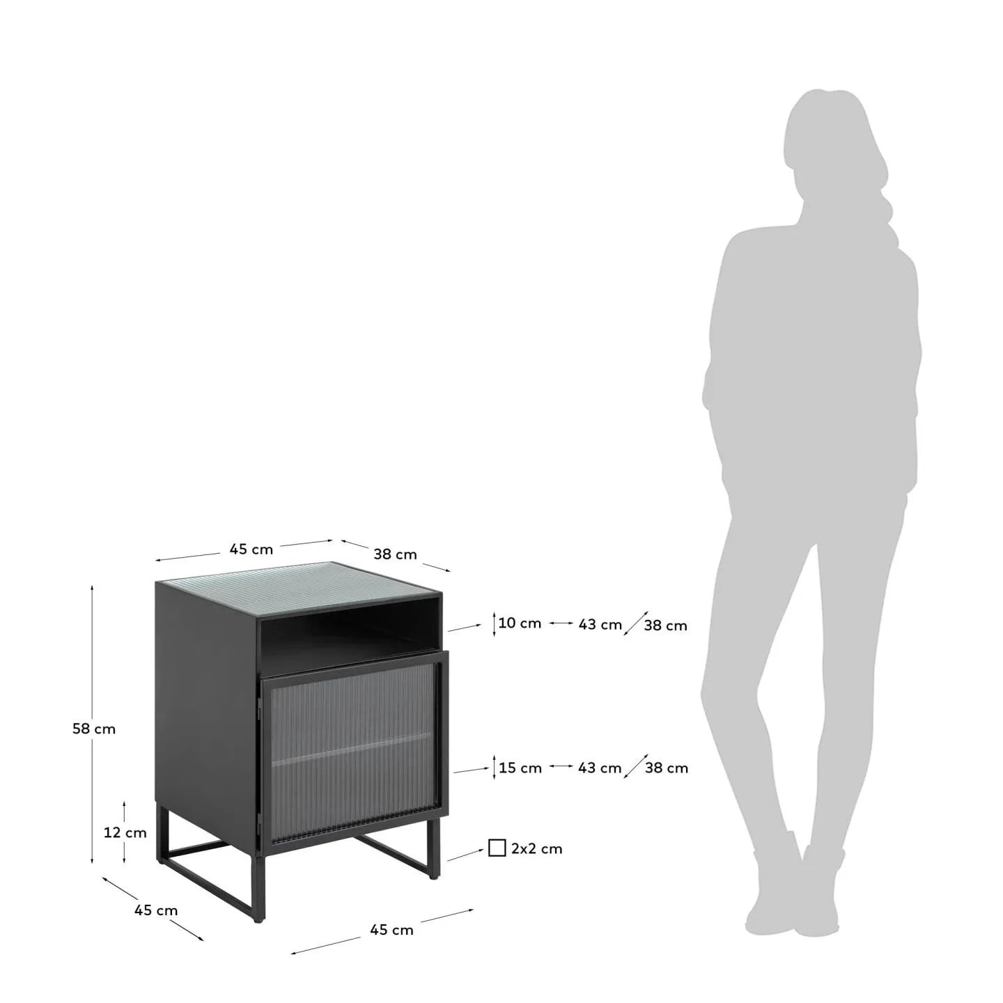 Eleganter Nachttisch aus schwarzem Stahl, 45x58 cm, ideal für Bücher und Lampen, robust und vielseitig einsetzbar.