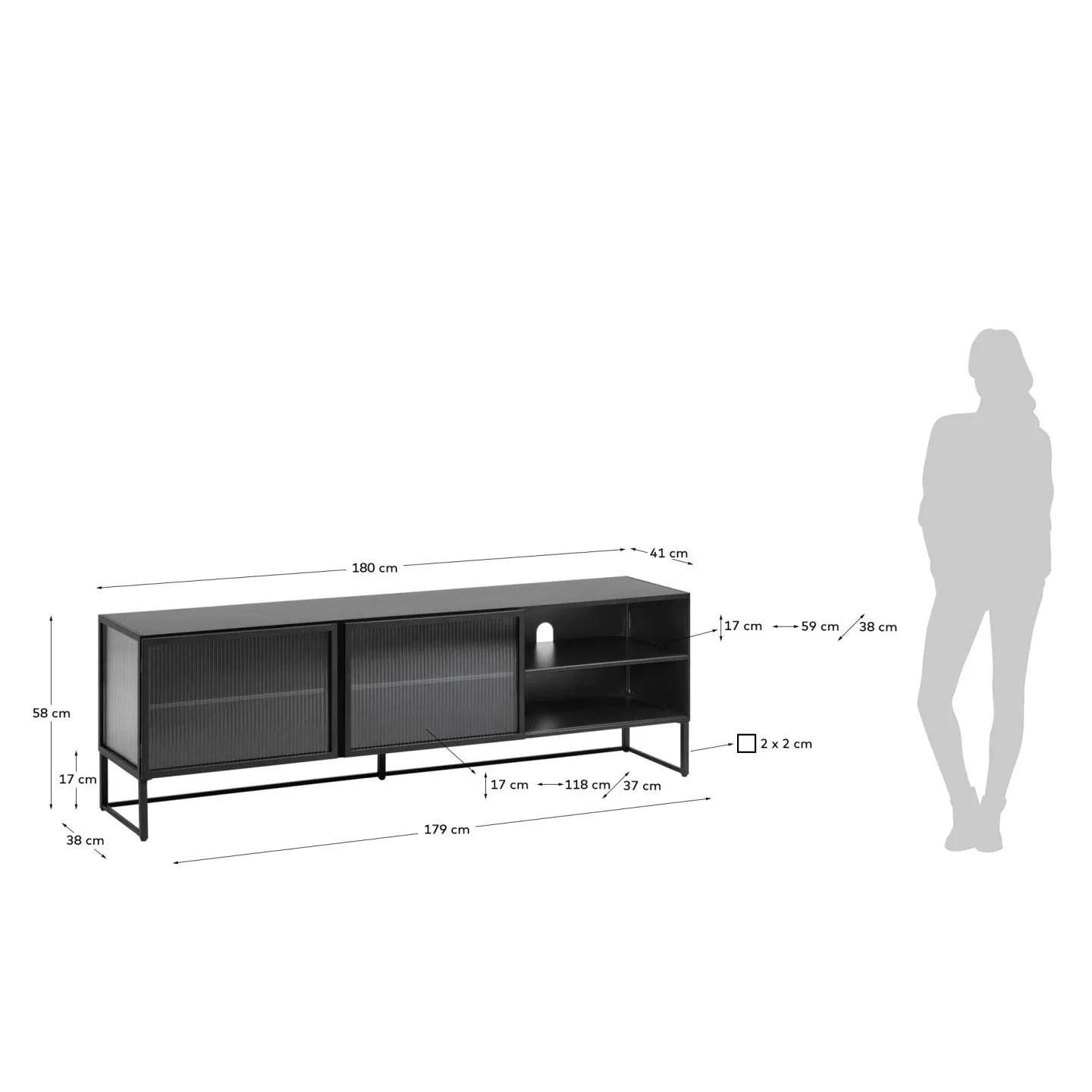 Eleganter TV-Schrank aus schwarzem Stahl, 180x58 cm, mit Kristallfronten für modernen Industrial Chic.