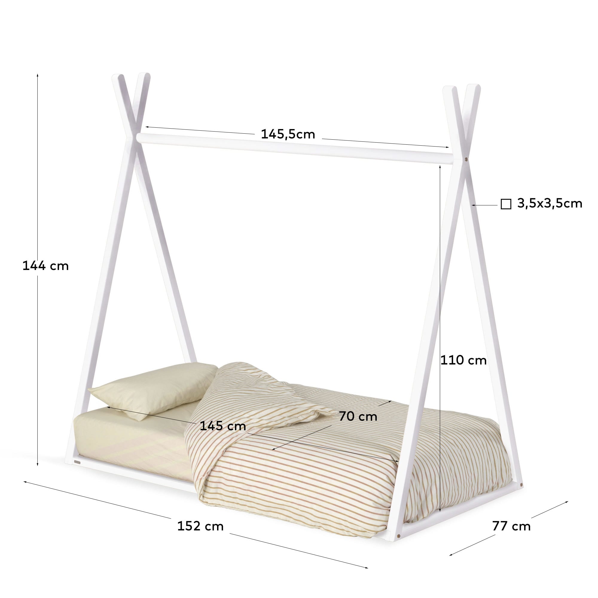 Maralis Tipi-Bett aus massiver Buche mit weissem Finish für Matratze von 70 x 140 cm in Weiß präsentiert im Onlineshop von KAQTU Design AG. Bett ist von Kave Home