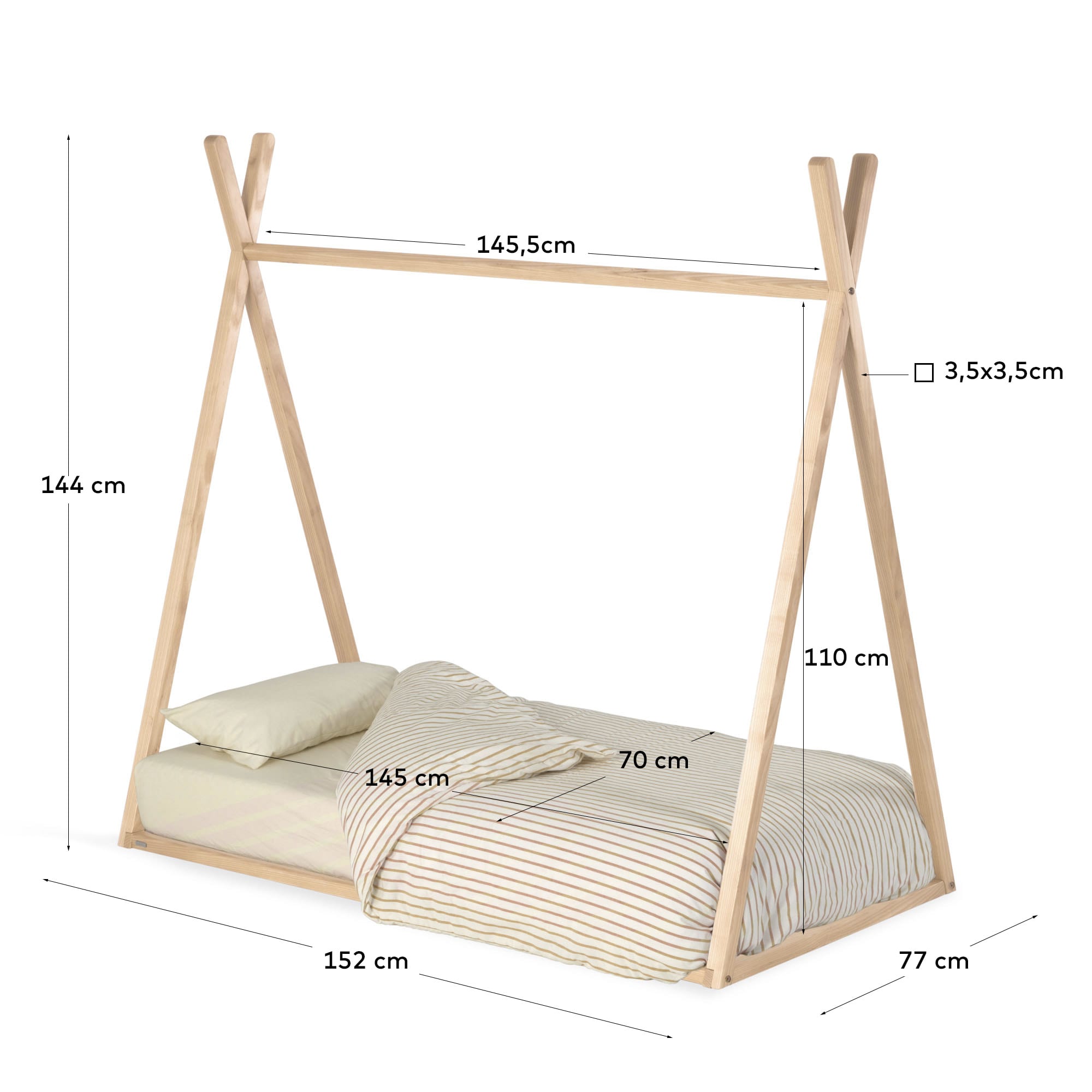 Maralis Tipi-Bett aus massiver Buche mit natürlichem Finish für Matratze von 70 x 140 cm in Braun präsentiert im Onlineshop von KAQTU Design AG. Bett ist von Kave Home