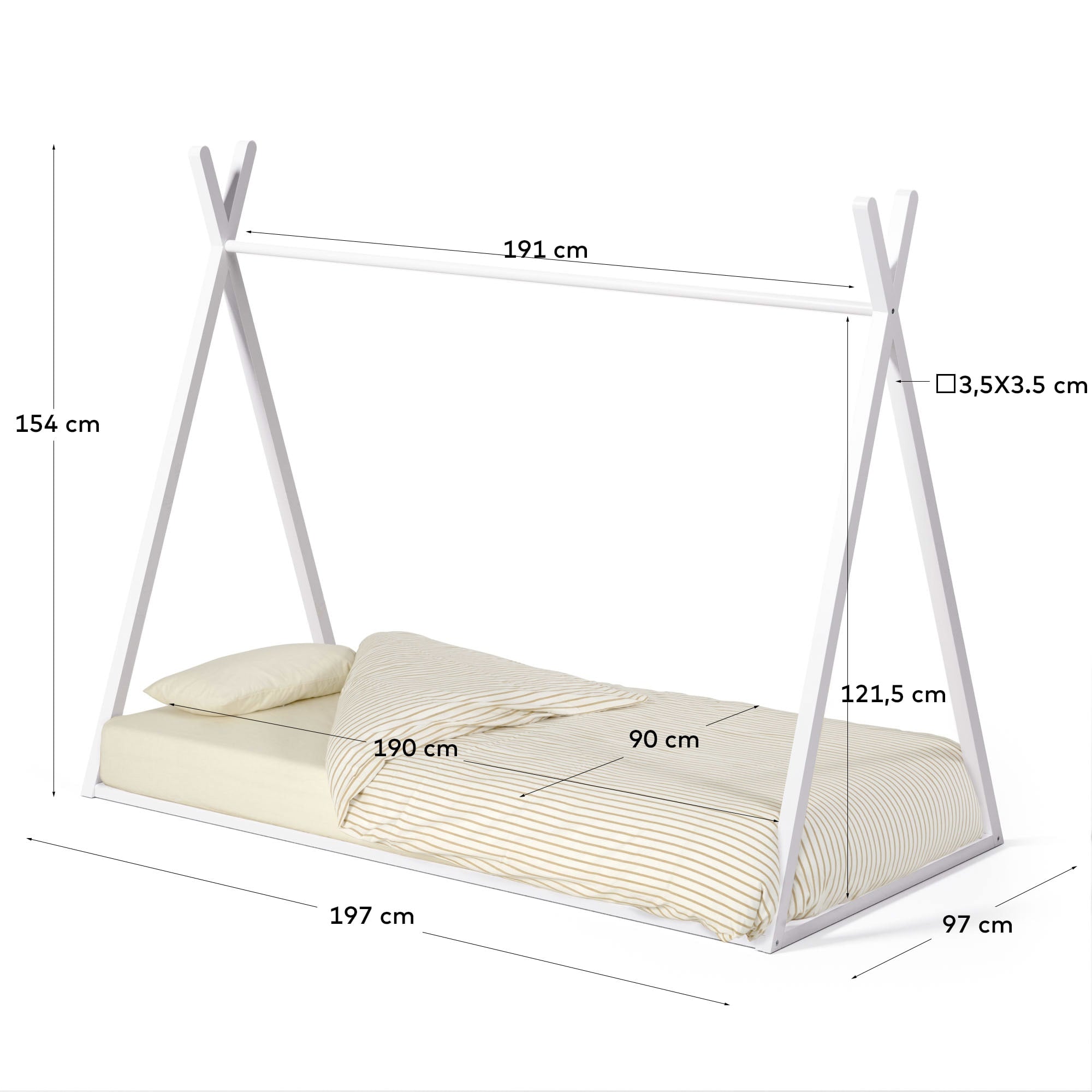 Maralis Tipi-Bett aus massiver Buche mit weissem Finish für Matratze von 90 x 190 cm in Weiß präsentiert im Onlineshop von KAQTU Design AG. Bett ist von Kave Home