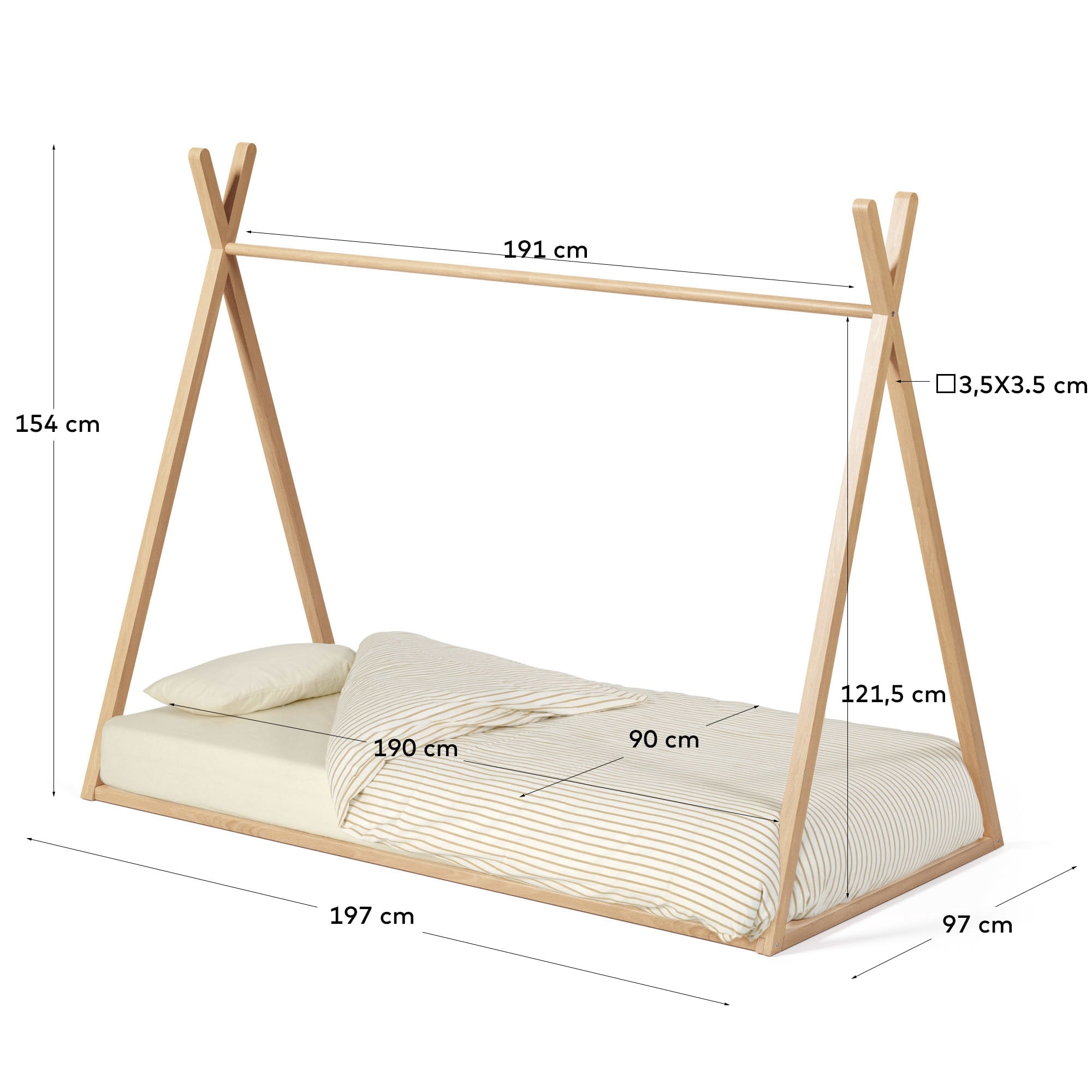 Maralis Tipi-Bett aus massiver Buche mit natürlichem Finish für Matratze von 90 x 190 cm in Braun präsentiert im Onlineshop von KAQTU Design AG. Bett ist von Kave Home