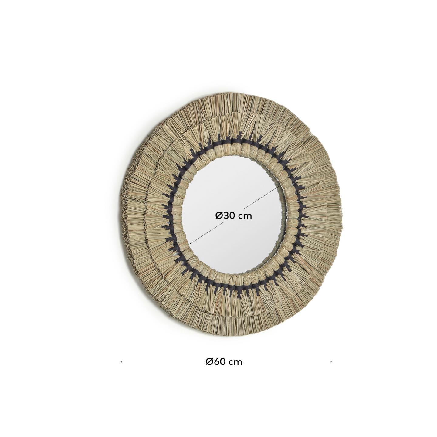 Akila Rundspiegel aus beigen Naturfasern und schwarzer Baumwollkordel 60 cm in Braun präsentiert im Onlineshop von KAQTU Design AG. Spiegel ist von Kave Home