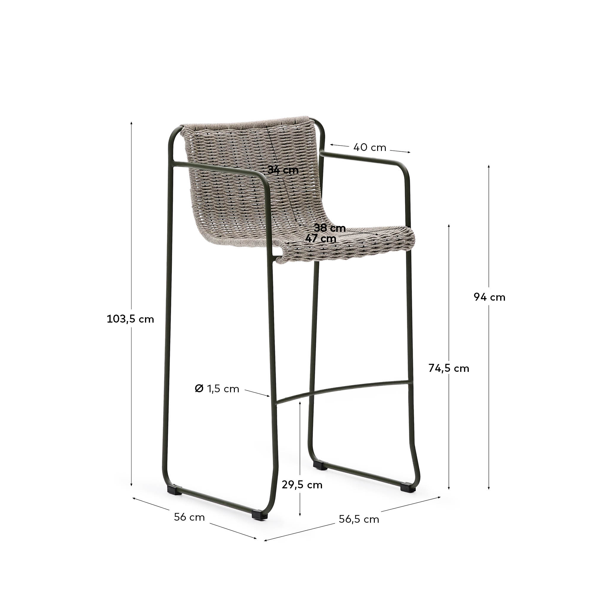 Hocker Maurina aus grün verzinktem Stahl mit écrufarbenem und grauem Seil 74,5 cm in Dunkelgrün präsentiert im Onlineshop von KAQTU Design AG. Hocker Outdoor ist von Kave Home