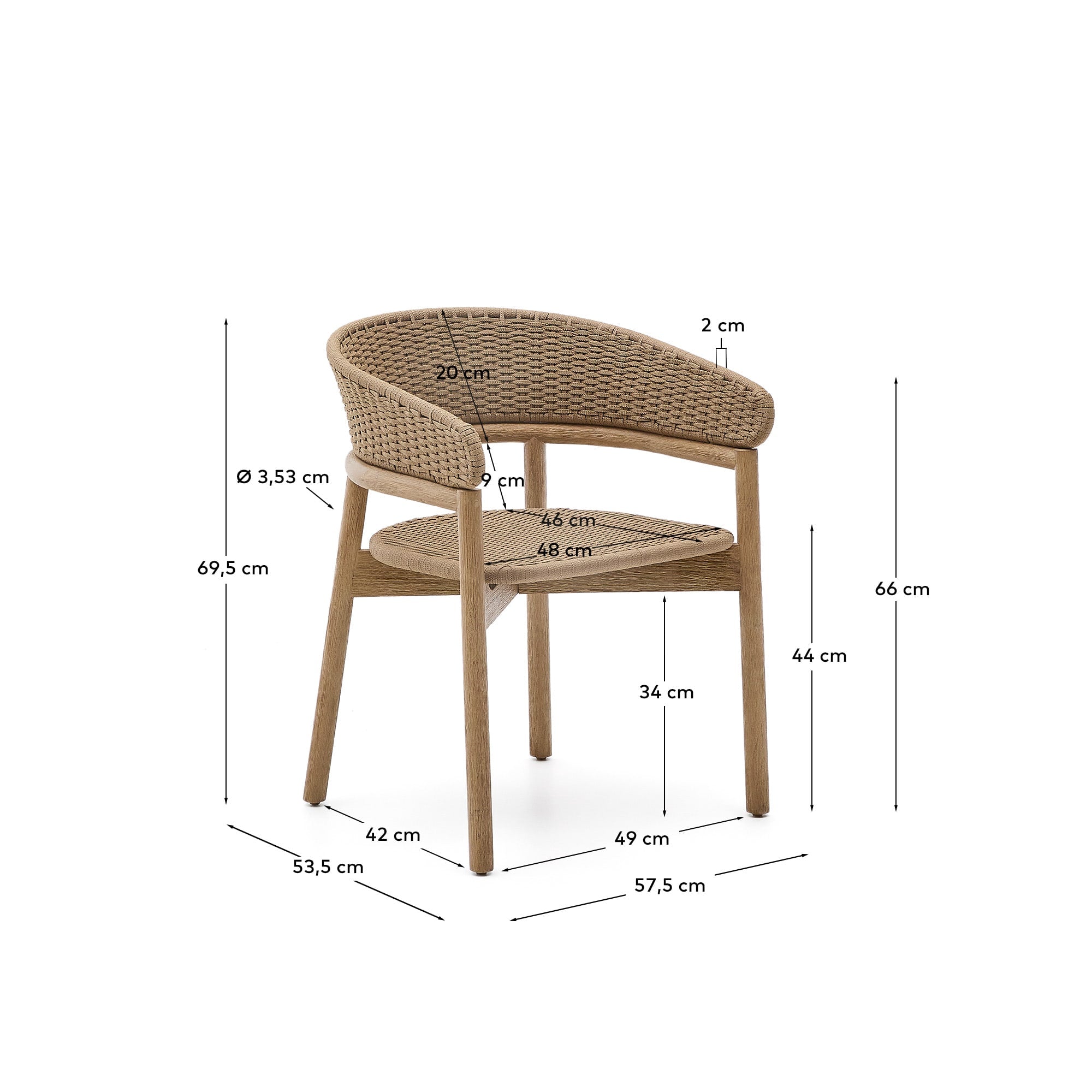 Stuhl Arinella aus massivem Akazienholz mit Finish in natürlichem Farbton und beigem Seil  in Natur präsentiert im Onlineshop von KAQTU Design AG. Gartenstuhl ist von Kave Home