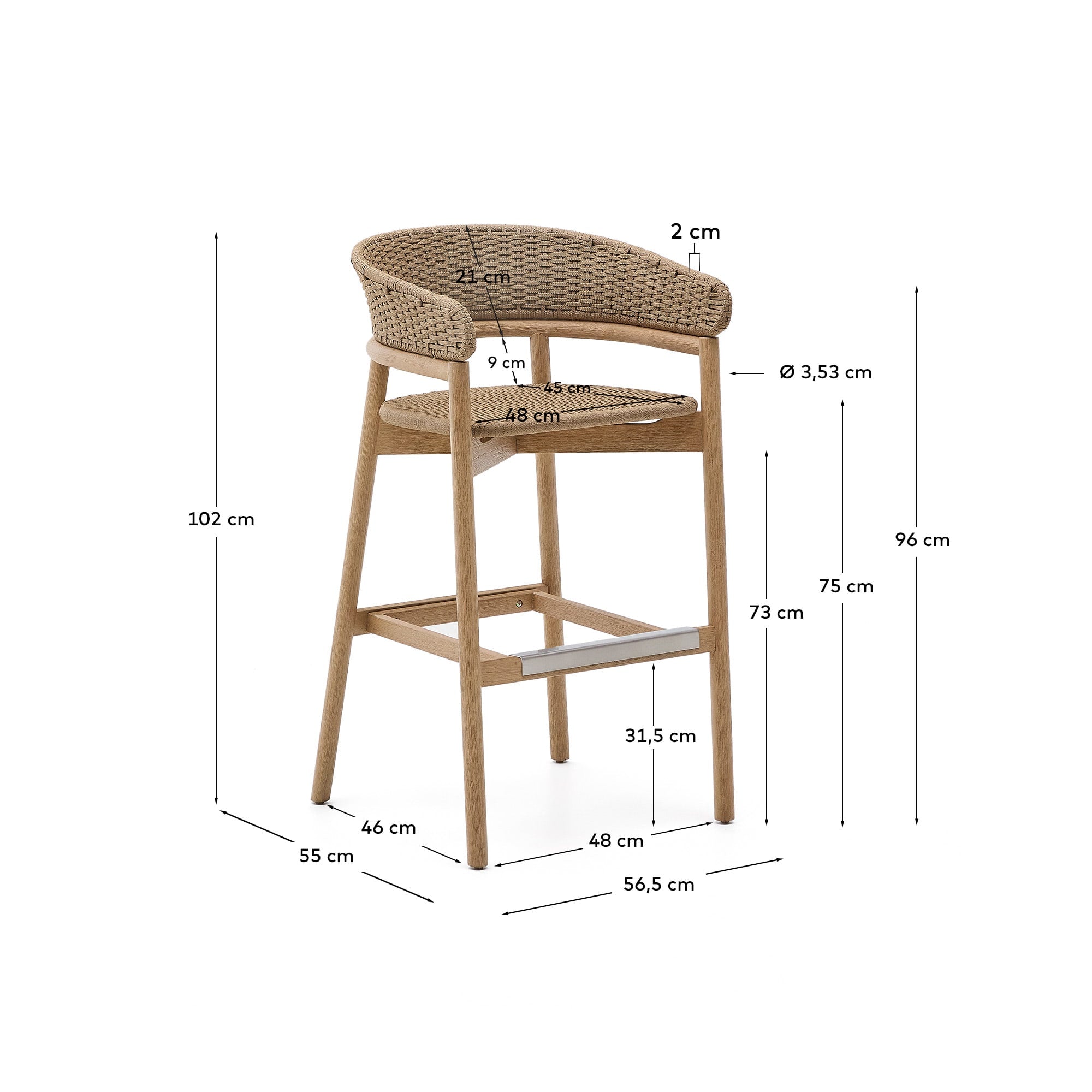 Hocker Arinella aus massivem Akazienholz mit Finish in natürlichem Farbton und beige Seil  in Natur präsentiert im Onlineshop von KAQTU Design AG. Hocker Outdoor ist von Kave Home