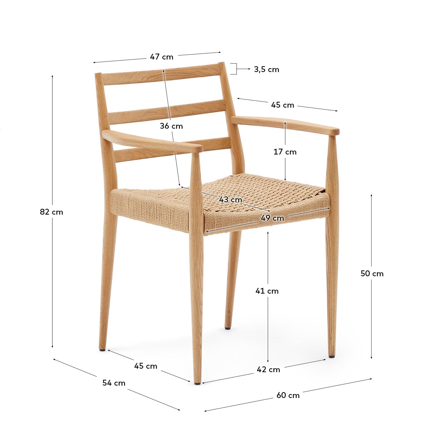 Analy Stuhl mit Armlehnen aus massivem Eichenholz, naturfarbenes Finish, Seilsitz FSC 100% in Natur präsentiert im Onlineshop von KAQTU Design AG. Stuhl mit Armlehnen ist von Kave Home