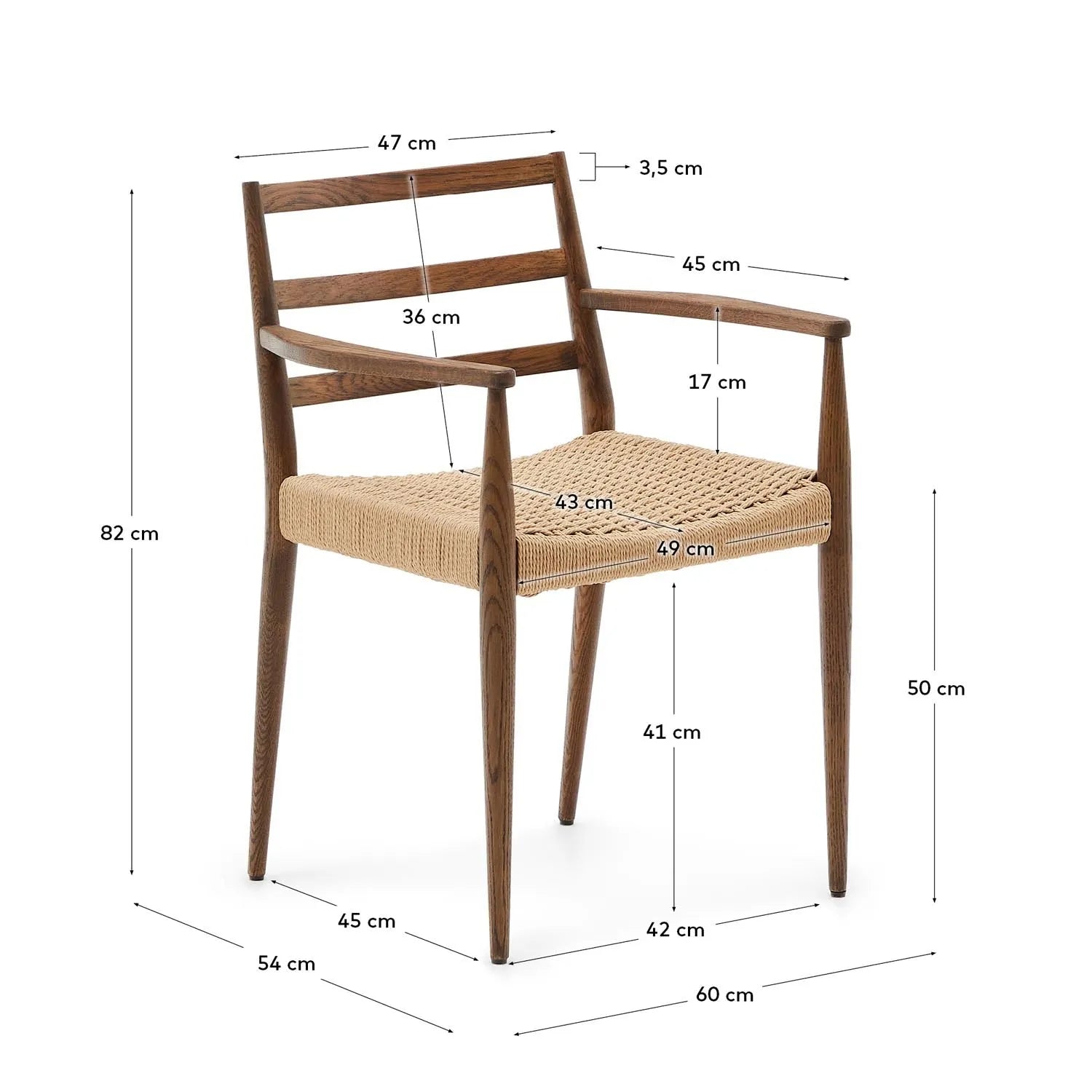 Analy Stuhl mit Armlehnen aus massivem Eichenholz, Nussbaum-Finish, Seilsitz FSC 100% in Natur, Braun präsentiert im Onlineshop von KAQTU Design AG. Stuhl mit Armlehnen ist von Kave Home