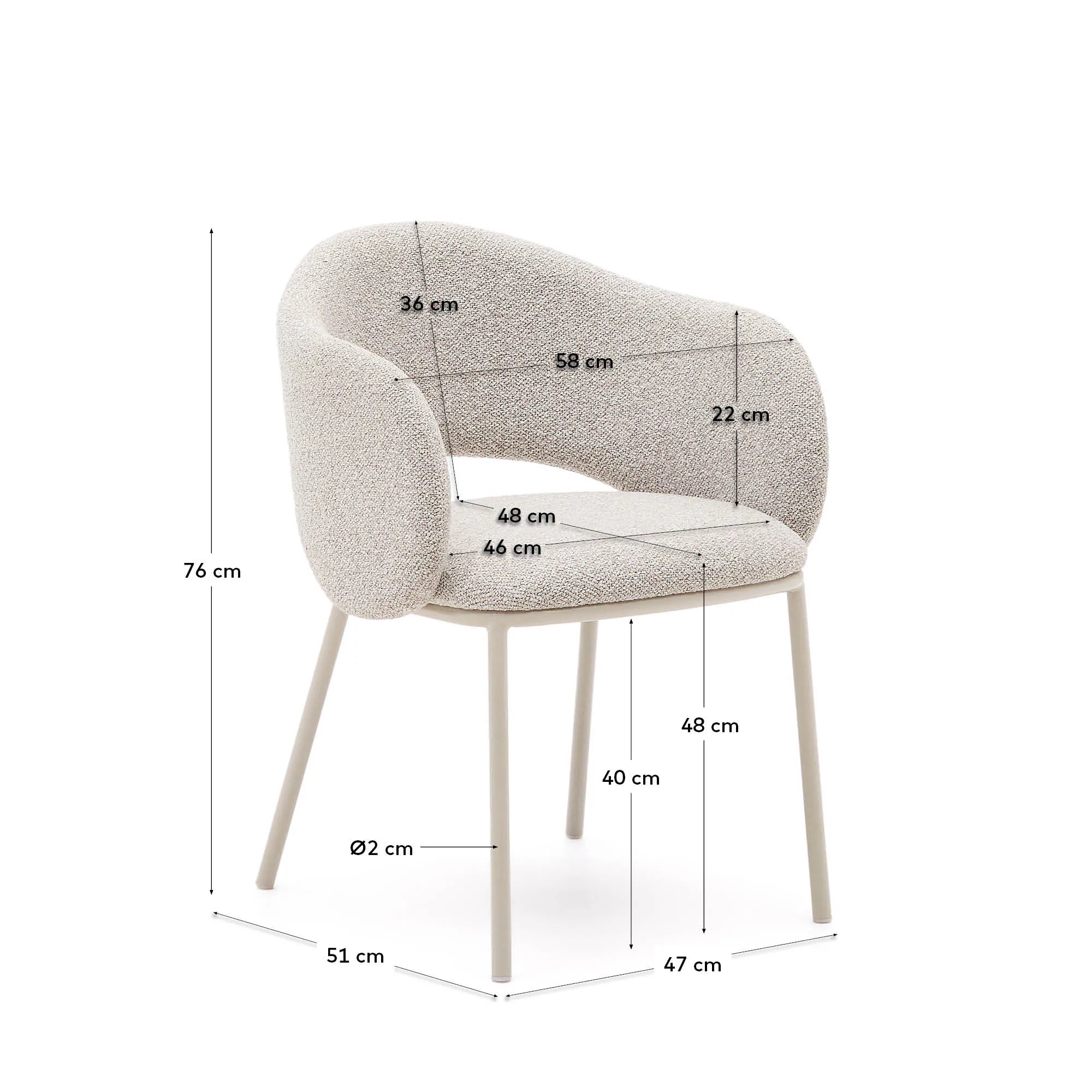 Eleganter Stuhl Maina: Beiger Chenille-Bezug, stabile Stahlbeine, umweltfreundlich, vielseitig und komfortabel.