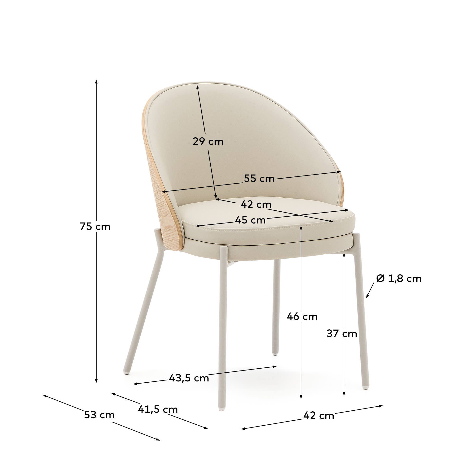 Eamy Stuhl aus beigefarbenem Kunstleder, Eschenfurnier in naturfarbenem Finish mit Metall  in Beige präsentiert im Onlineshop von KAQTU Design AG. Stuhl ist von Kave Home