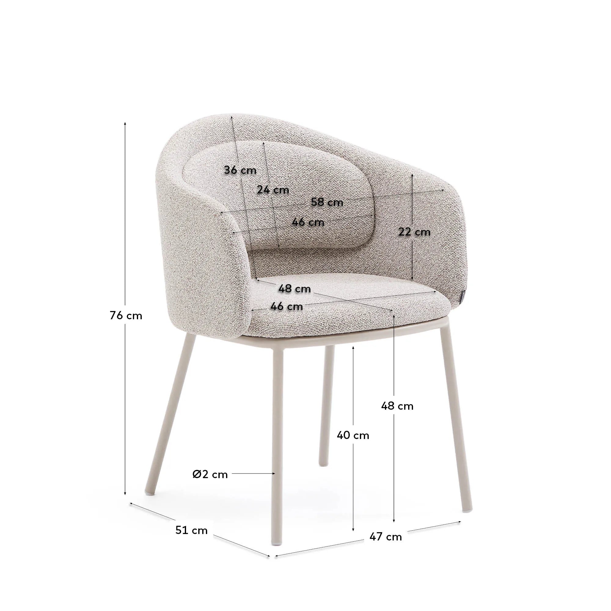 Eleganter Stuhl Minda: Beiger Chenille-Bezug, stabile Stahlbeine, FSC-zertifiziert, vereint Komfort und Nachhaltigkeit.