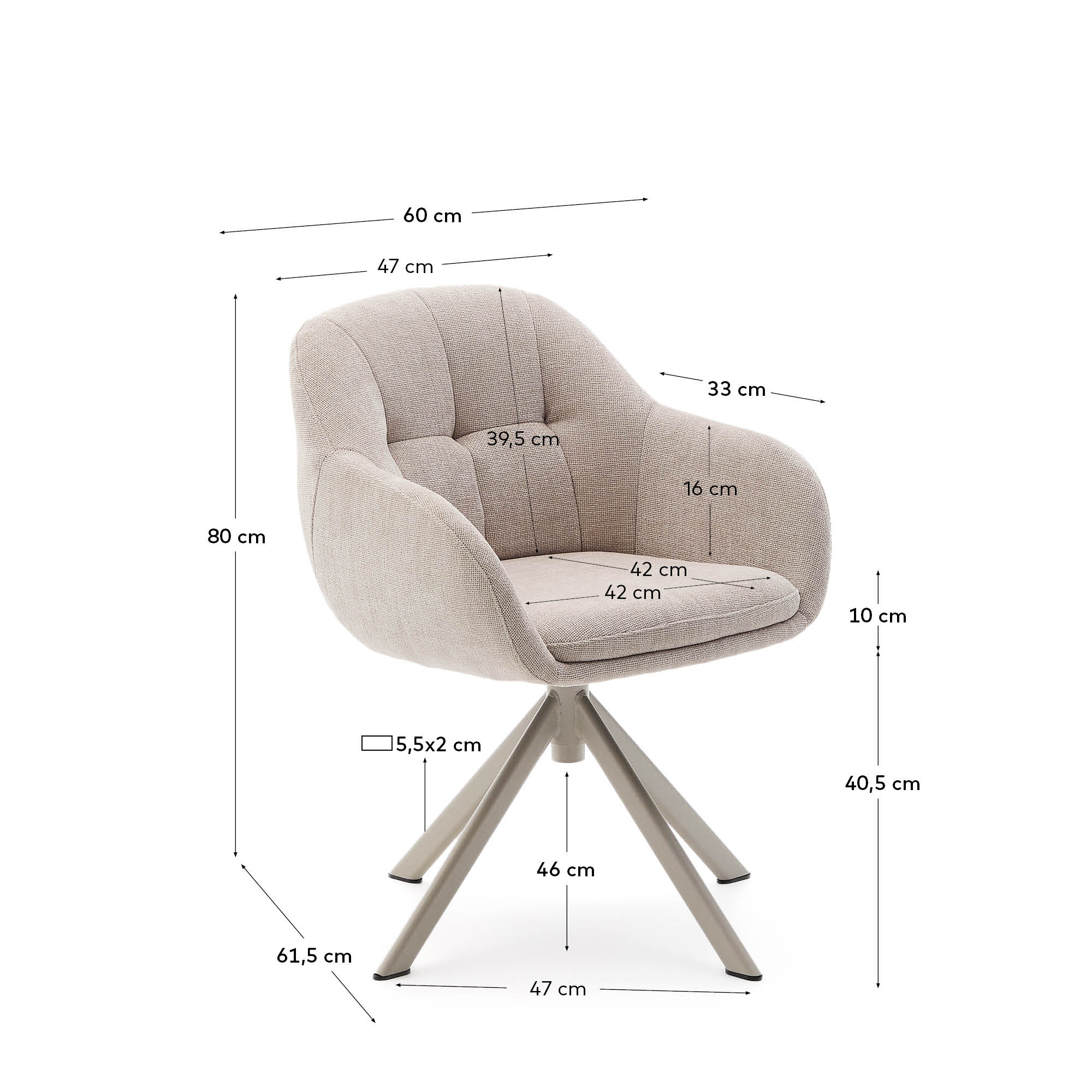 Drehstuhl Dorina aus beigefarbener Chenille und Stahlbeinen mit beigefarbenem Finish in Beige präsentiert im Onlineshop von KAQTU Design AG. Stuhl ist von Kave Home