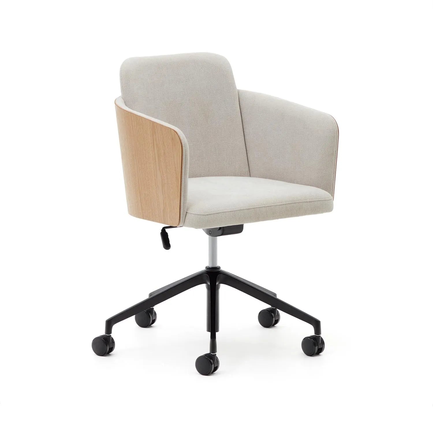 Eleganter Madai Schreibtischstuhl: Beige Chenille, Eschenfurnier, ergonomisch, stilvoll, umweltfreundlich, ideal fürs Büro.