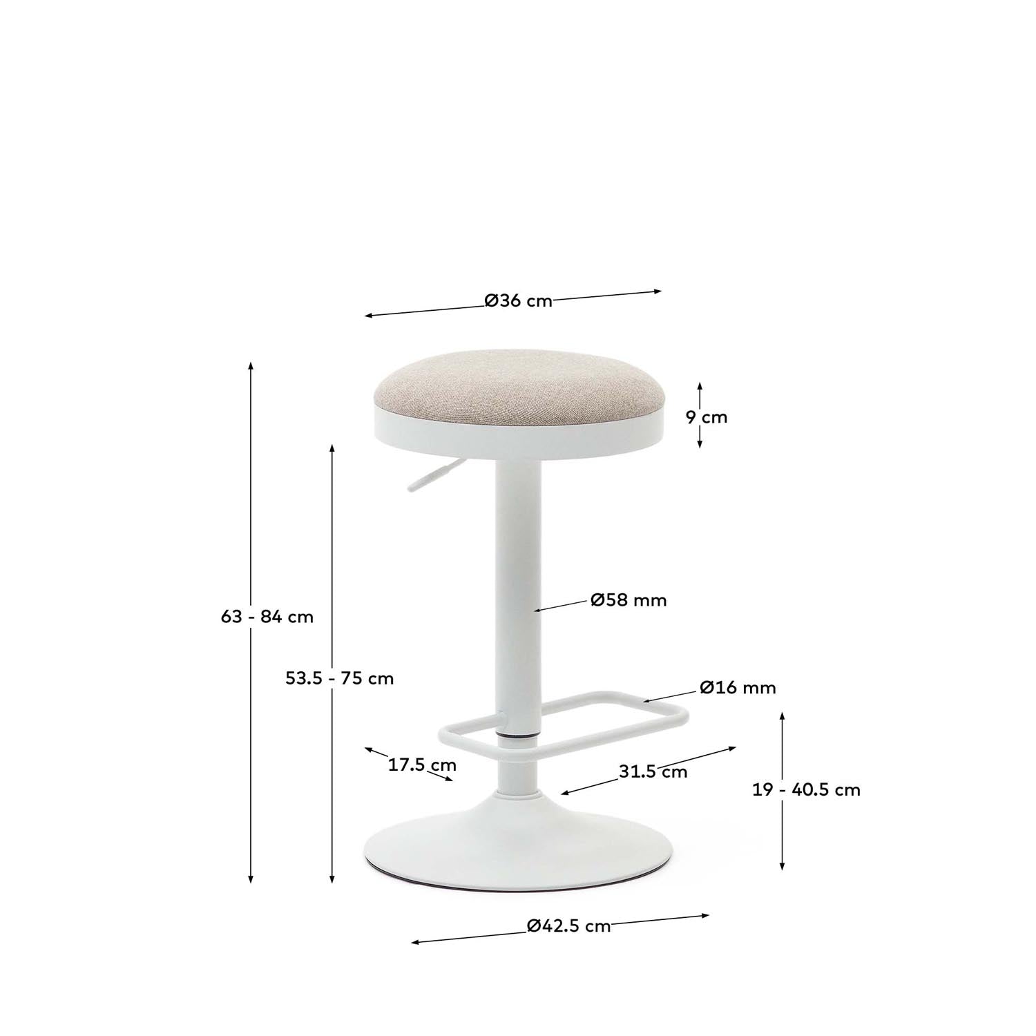 Zaib Hocker aus beigefarbener Chenille und mattweißem Stahl Höhe 63-84 cm in Weiß präsentiert im Onlineshop von KAQTU Design AG. Hocker ist von Kave Home