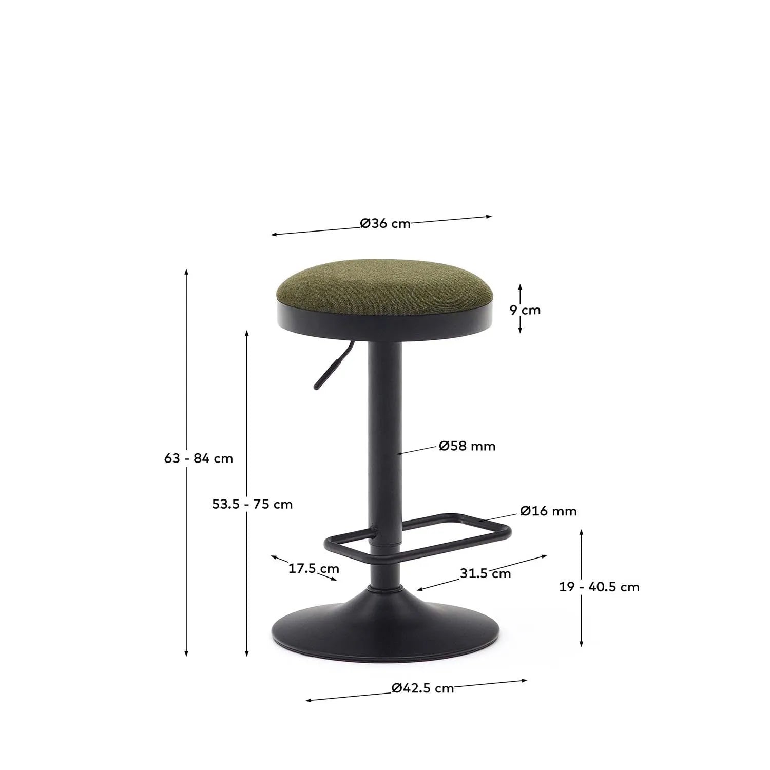 Eleganter Zaib Hocker: Verstellbar, dunkelgrün, mattschwarzer Stahl.