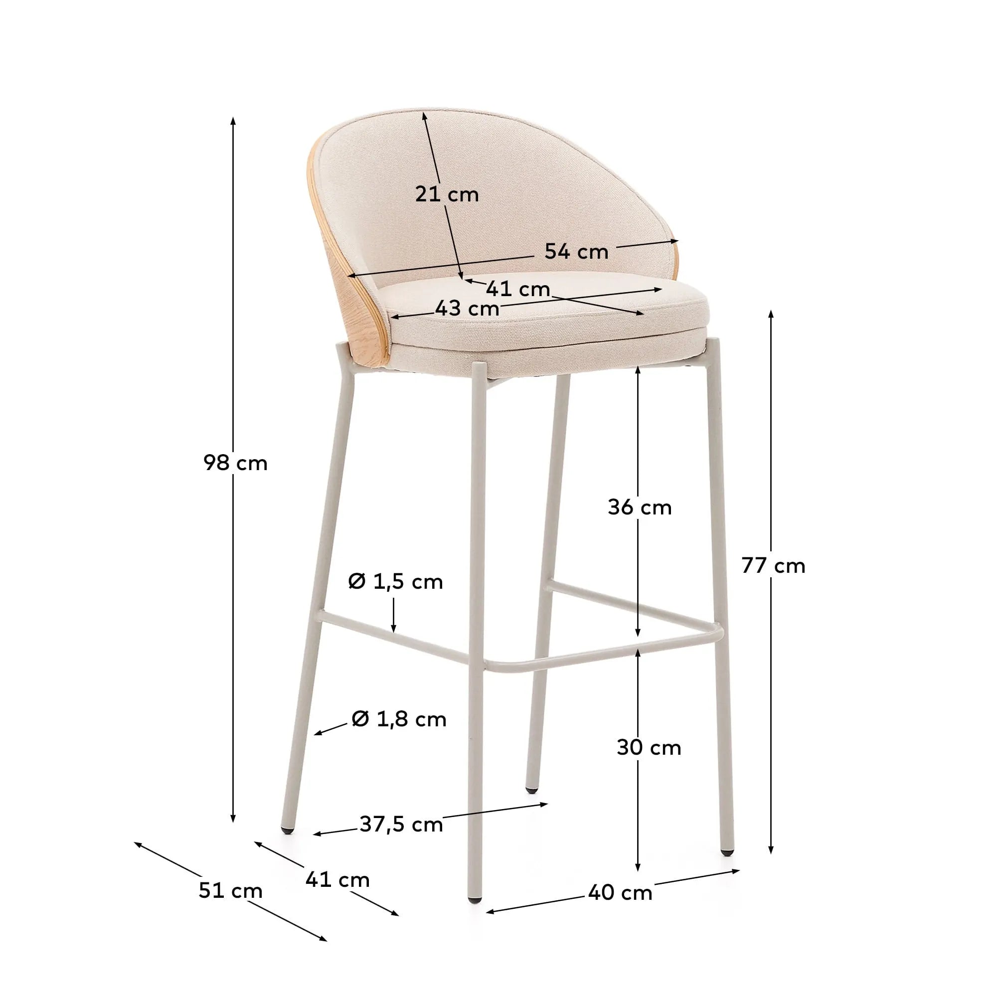 Eleganter Hocker mit Chenille-Sitz, Eschenfurnier und Metallbeinen, 77 cm hoch, ideal für moderne Wohnräume.