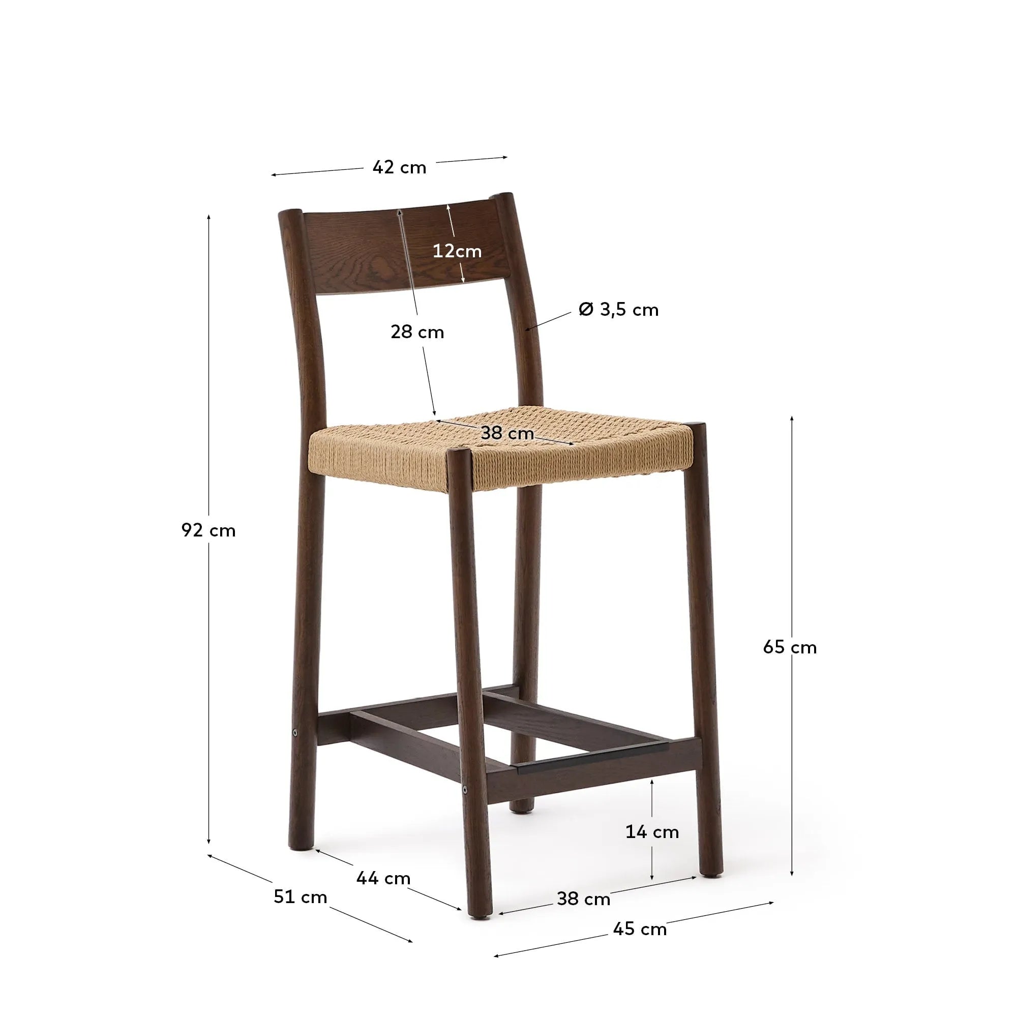 Eleganter Barhocker aus Eichenholz mit Nussbaum-Finish und handgeflochtenem Seilsitz, ideal für stilvolle Küchen.