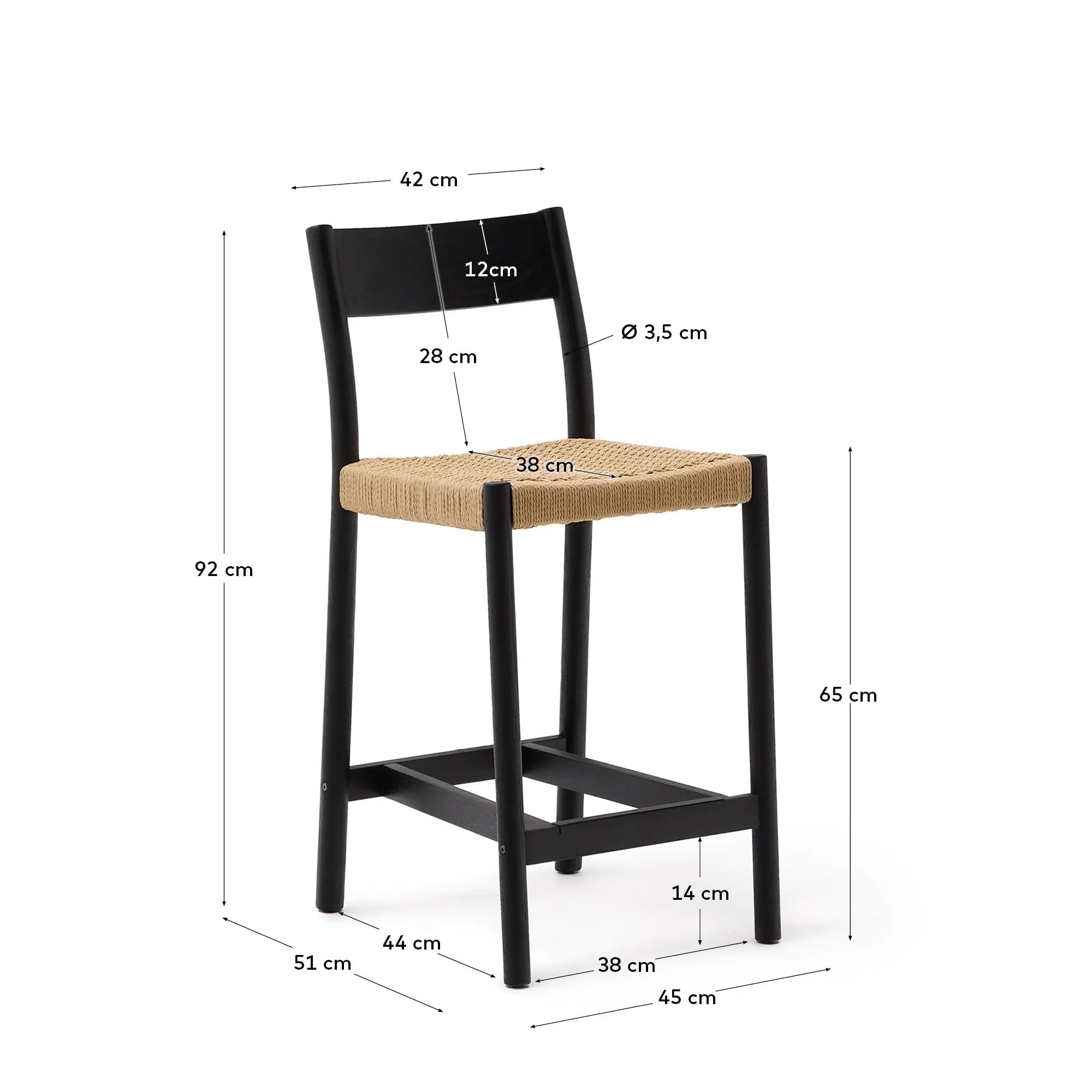 Eleganter Barhocker aus schwarzem Eichenholz mit handgeflochtenem Seilsitz, ideal für stilvolle Kücheninseln.