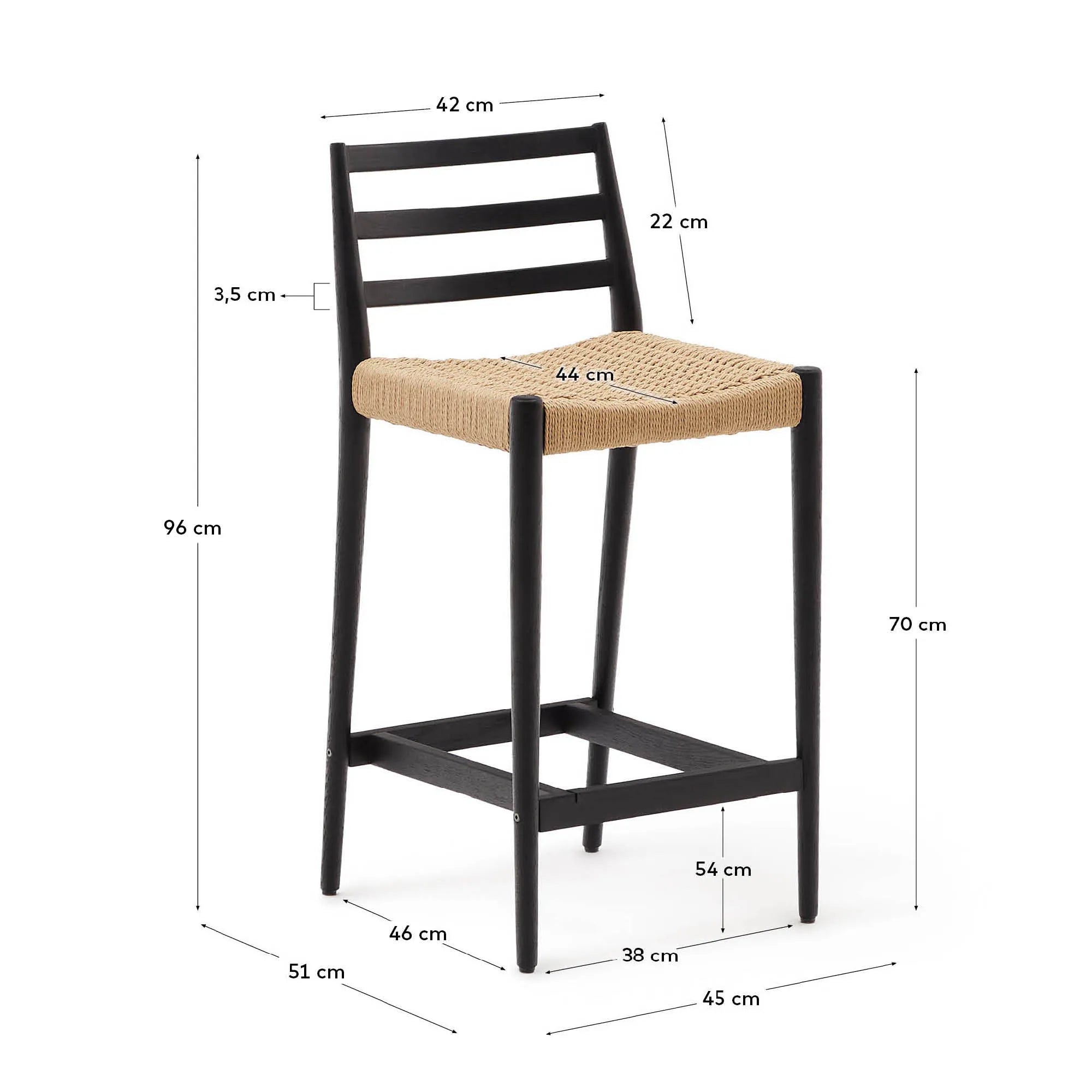 Eleganter Barhocker aus schwarzem Eichenholz mit handgeflochtenem Seilsitz, 70 cm hoch, FSC-zertifiziert für nachhaltigen Stil.