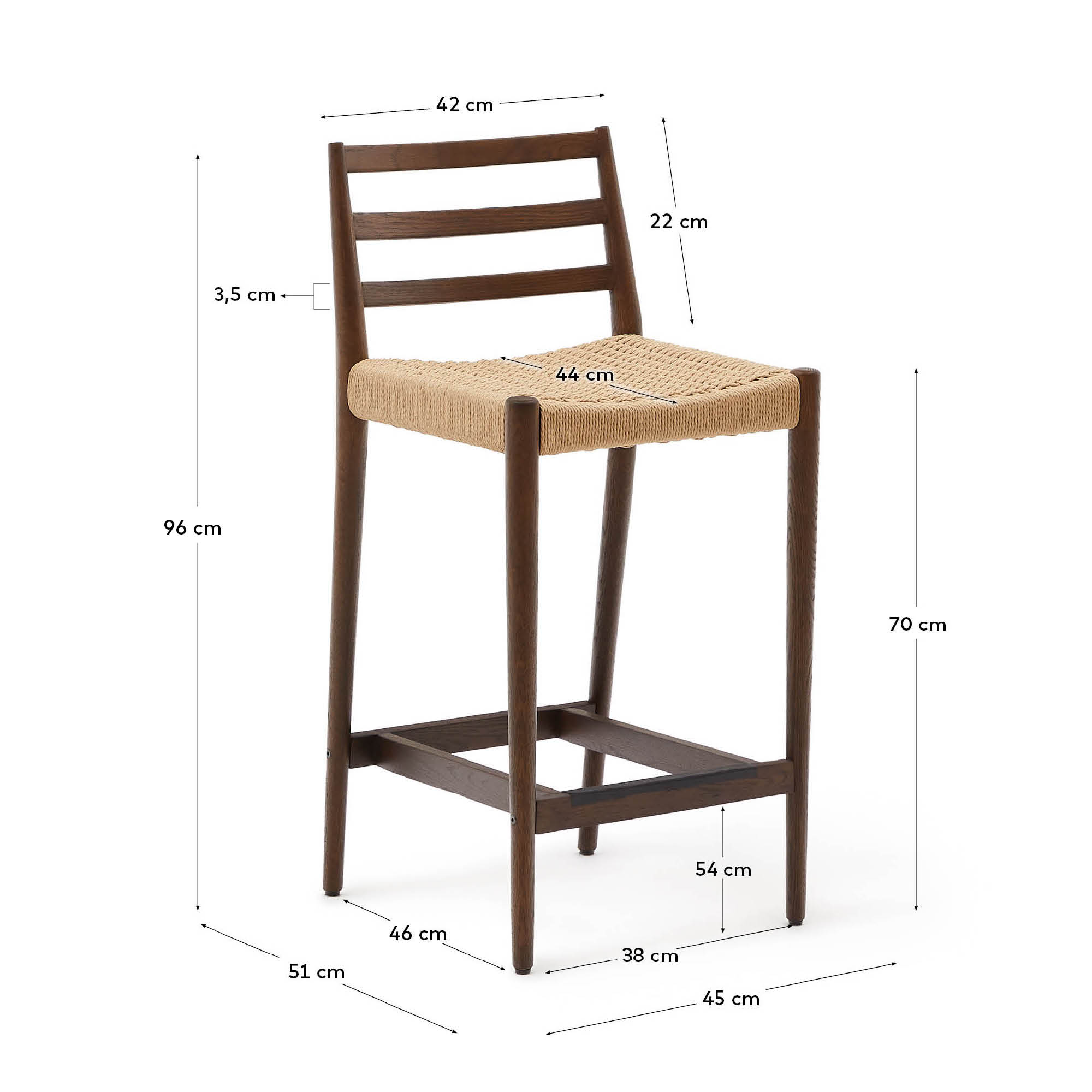 Analy Barhocker Rückenlehne massives Eichenholz mit Nussbaum-Finish und Seilsitzfläche 70 cm FSC 100% in Braun präsentiert im Onlineshop von KAQTU Design AG. Barhocker ist von Kave Home