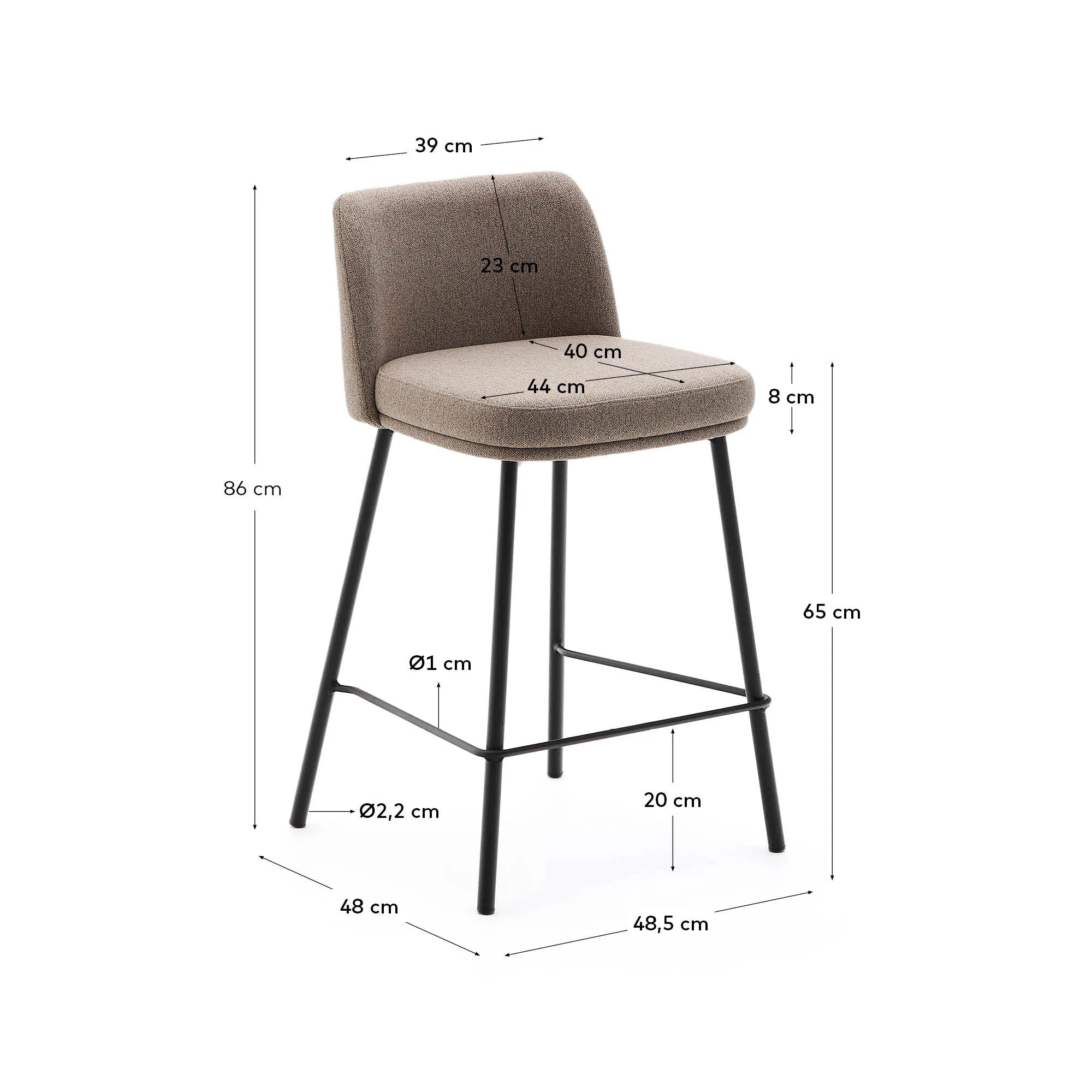 Eleganter Hocker Minami: Braunes Chenille, schwarze Stahlbeine, 65 cm hoch. Stilvoll, robust, vielseitig.